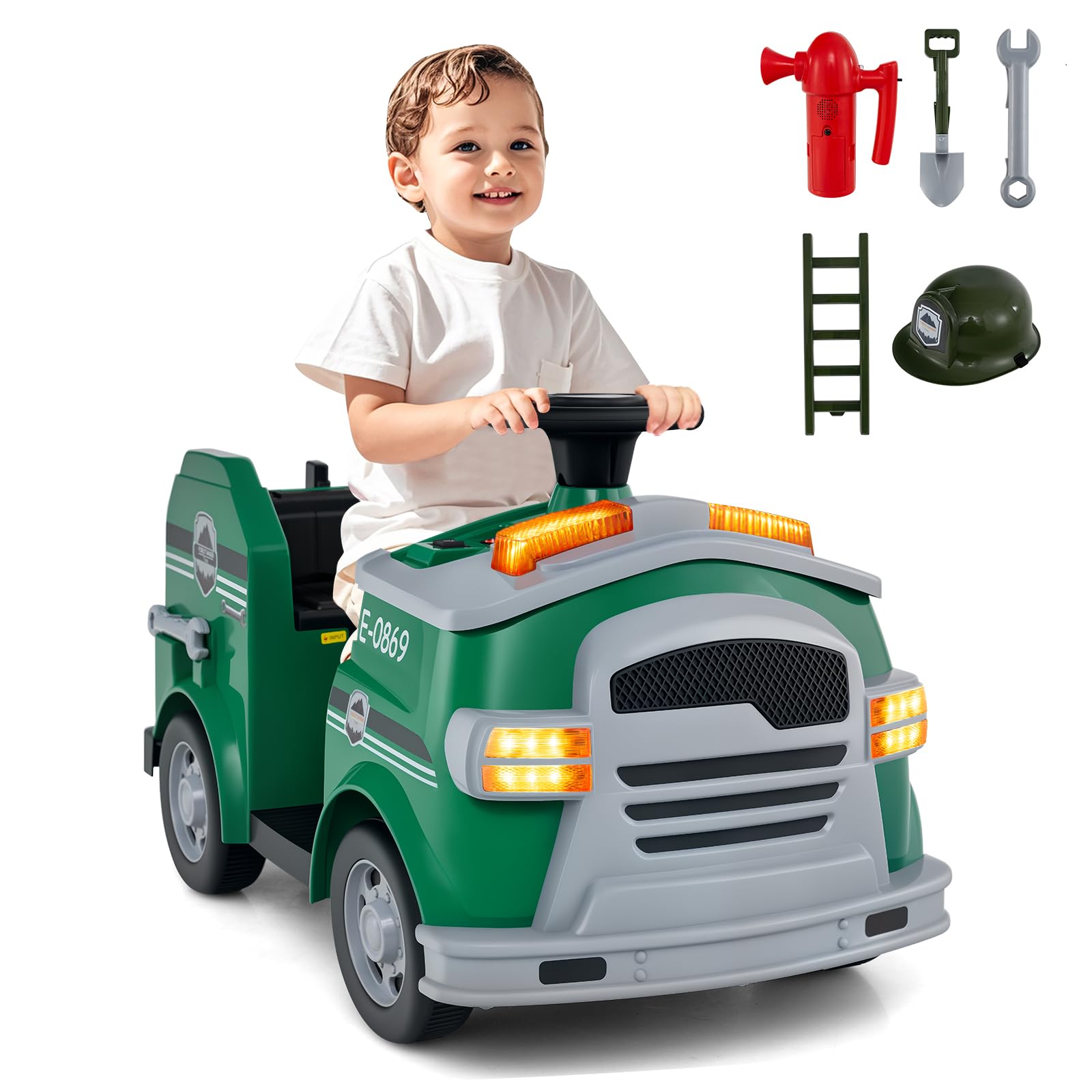 GOPLUS Camion Pompier Enfants 12V, Voiture Electrique Enfant avec Pelle, Extincteur, Échelle, Casque de Protection, Gyrophare, Musique, pour 3-5 Ans, Charge 25KG (Vert)