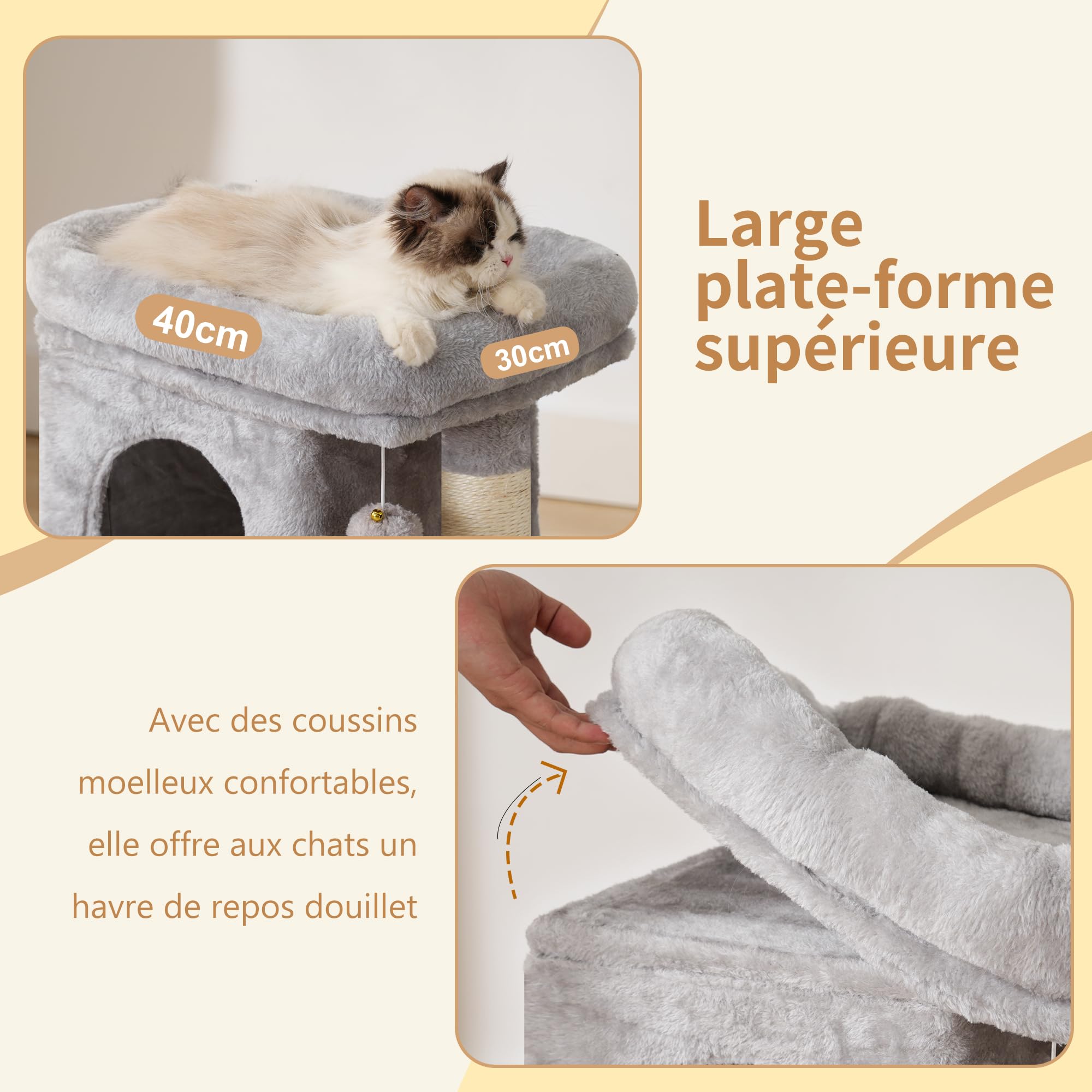 Heybly Arbre à Chat, Petit Griffoir pour Chat de 75 cm de Hauteur avec Plateforme Supérieure, Tanière, Hamac, Échelle d'escalade, Jouets Félins, Meuble pour Chats, Gris Clair HCT009SW