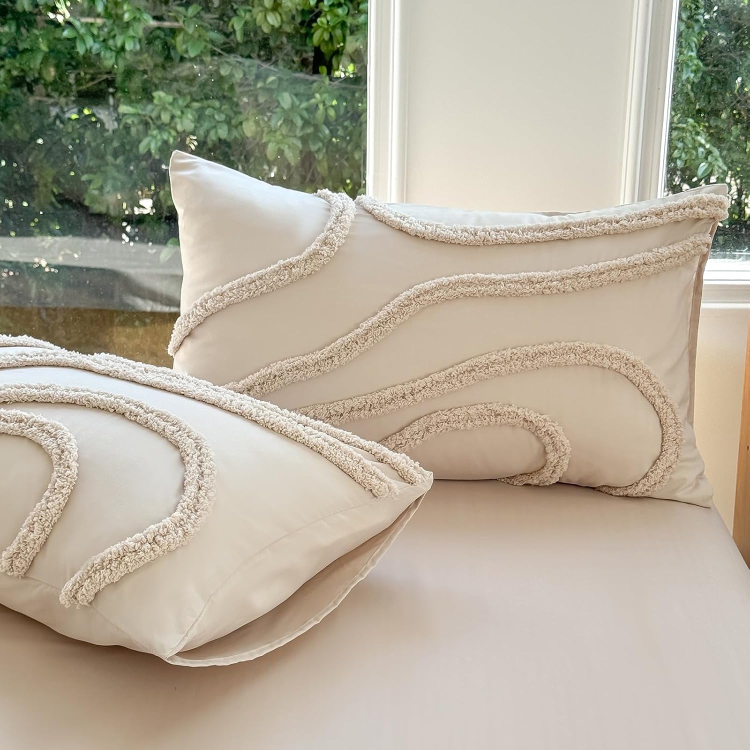 MEILA Washed Microfiber Duvet Cover Set Queen Size, Tufted Wavy Design 3 Pieces Bedding Set, Soft Bohemian Textured Embroidery Bedding Set with Zipper & Corner Ties, 90"*90",Beige