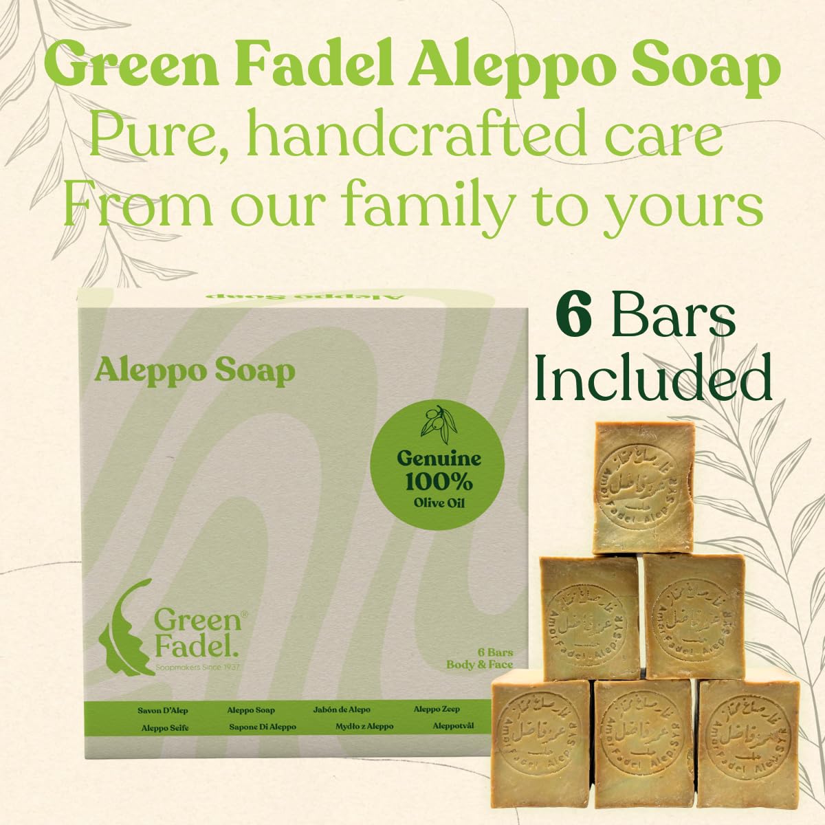 GREEN FADEL Sapone di Aleppo Originale, 100% Olio d'Oliva, 6 x ca. 200g (Genuine) Sapone all'Olio d'Oliva, Naturale, Fatto a Mano, Vegano, per Viso e Corpo