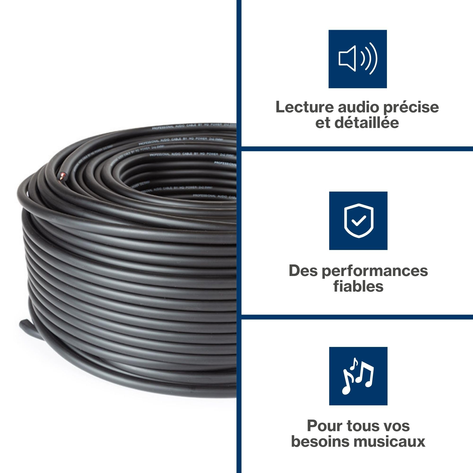 HQ-Power Câble haut-parleur 2x2.50mm², 100 mètres, noir, rouleau, cuivre OFC pur pour systèmes audio 100 V/PA, installation hi-fi, transmission sonore professionnelle de qualité