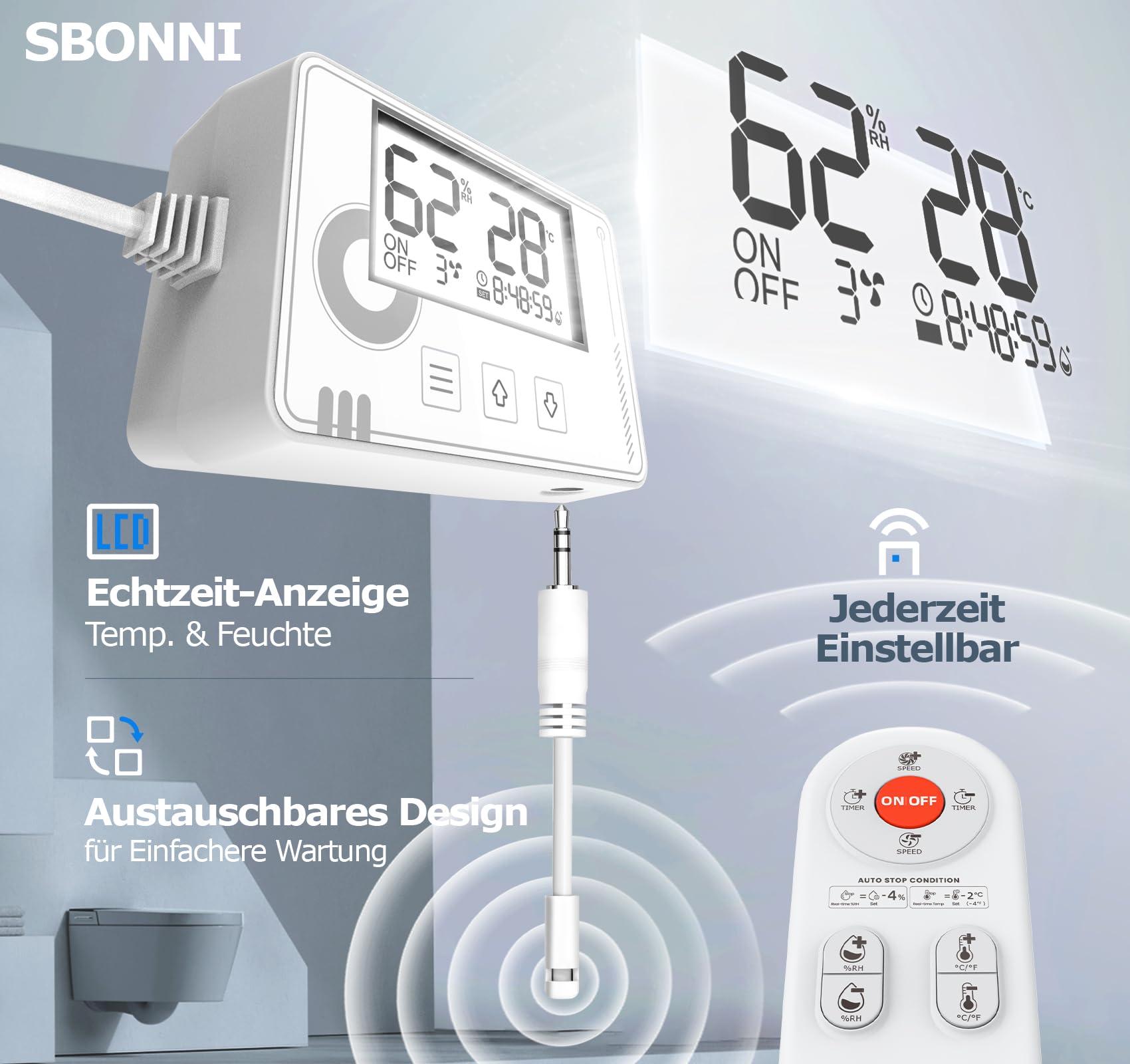 3 Stufen Bad Lüfter mit Feuchtigkeitssensor Temperatursensor Timer, Badlüfter 100mm mit Fernbedienung, Echtzeit Anzeige Feuchtigkeit und Temperatur, Leistungsstark Leise Abluftventilator P109