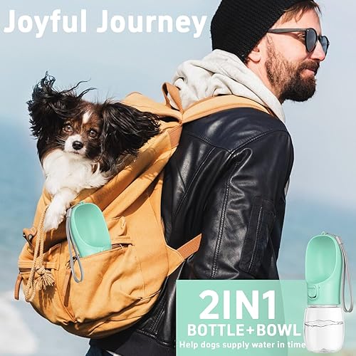 Miniatura 2 de Botella de agua portátil para perro con cuenco, a prueba de fugas, conveniente para caminar, senderismo y campamento (verde, 19 onzas)