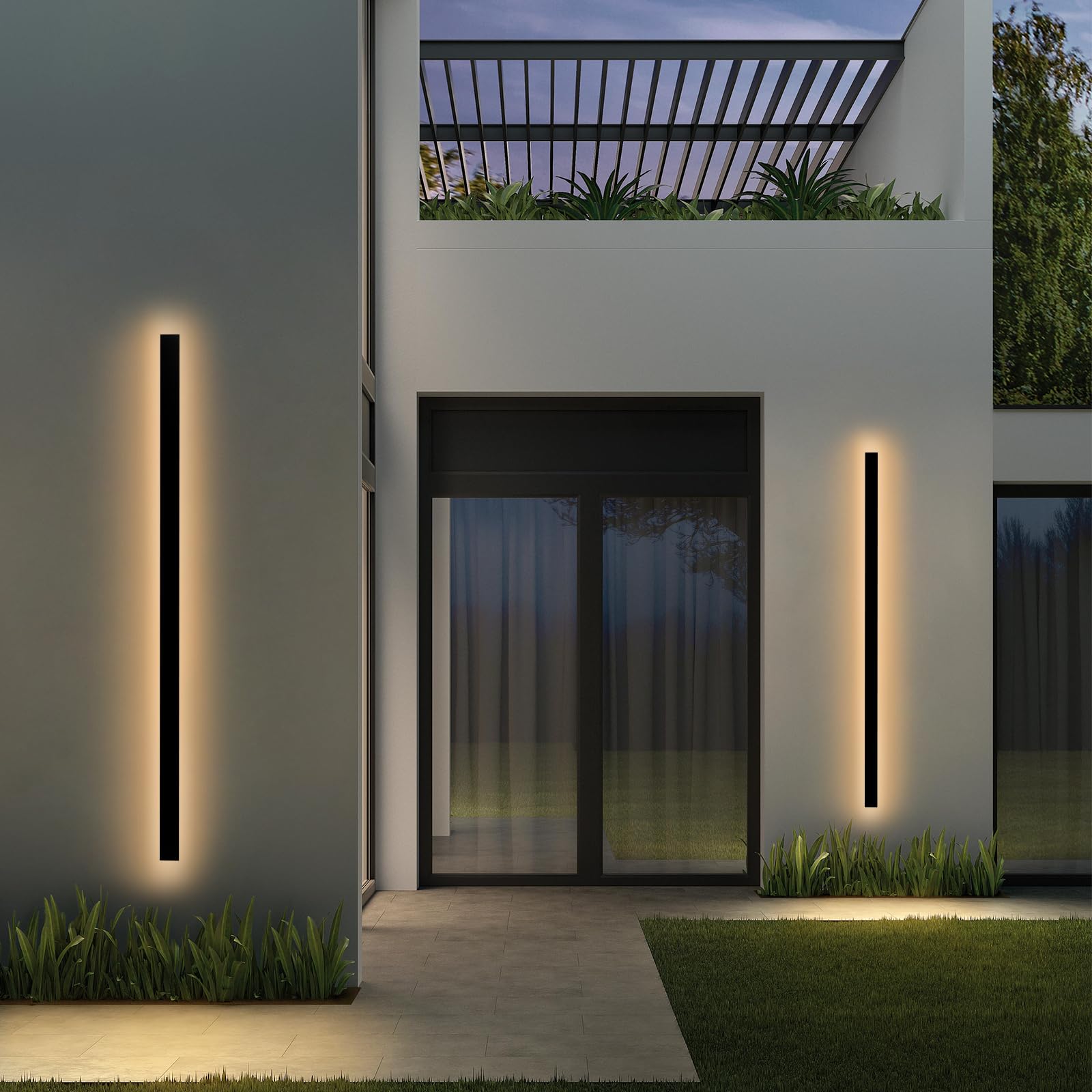 NKJORTPPL 2 Pack 79 Inch Modern Wall Lights, Black Outdoor Wall Lights for House, Long Stripe Linear Outside Wall Sconce Wall Mount, LED Exterior