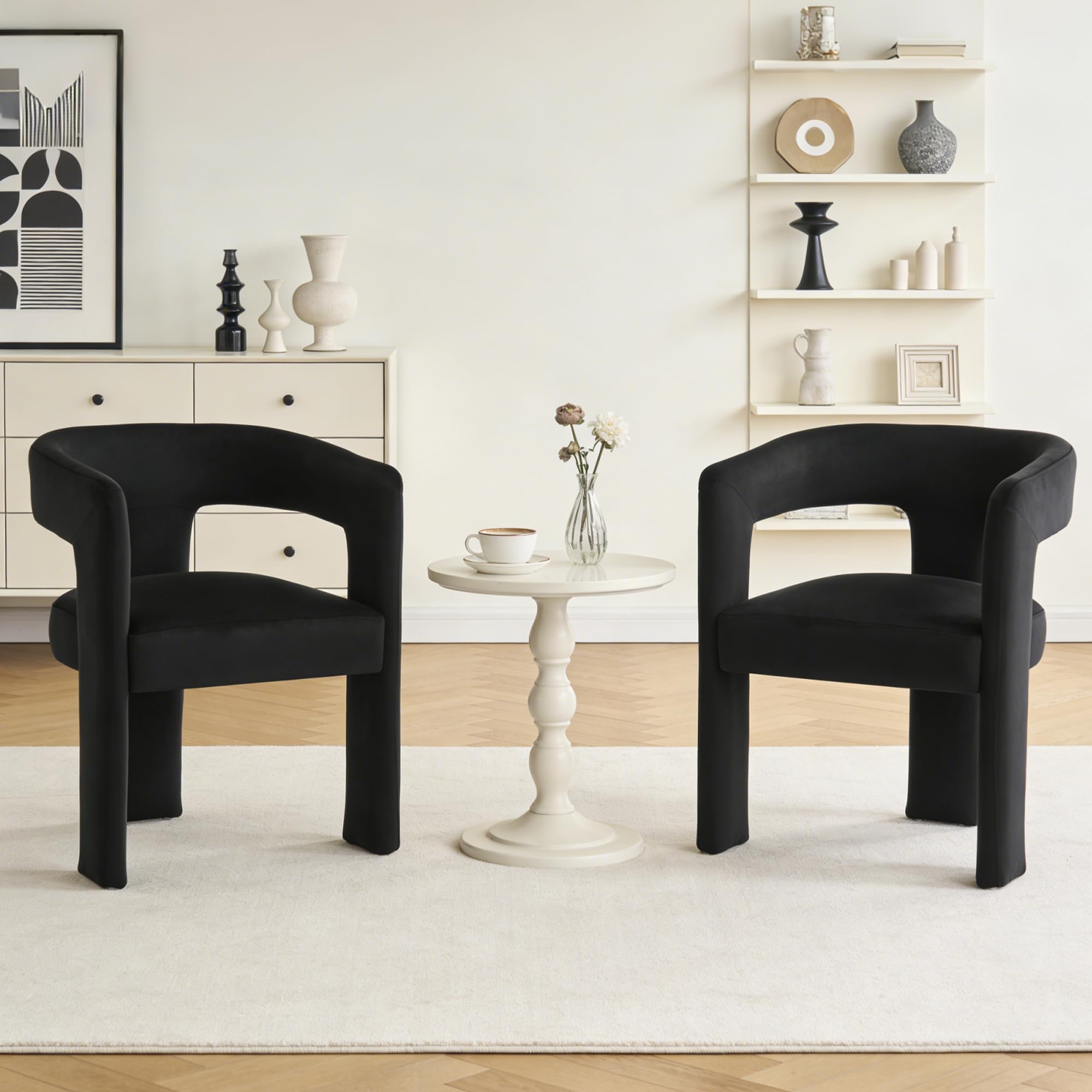 Modern Barrel Dining Chairs Set of 2, No Assembly Velvet Upholstered Dining Room Chairs with Open Back and 3 Legs, Comfy Accent Armchairs for Living Room/Bedroom/Kitchen/Reading, Black