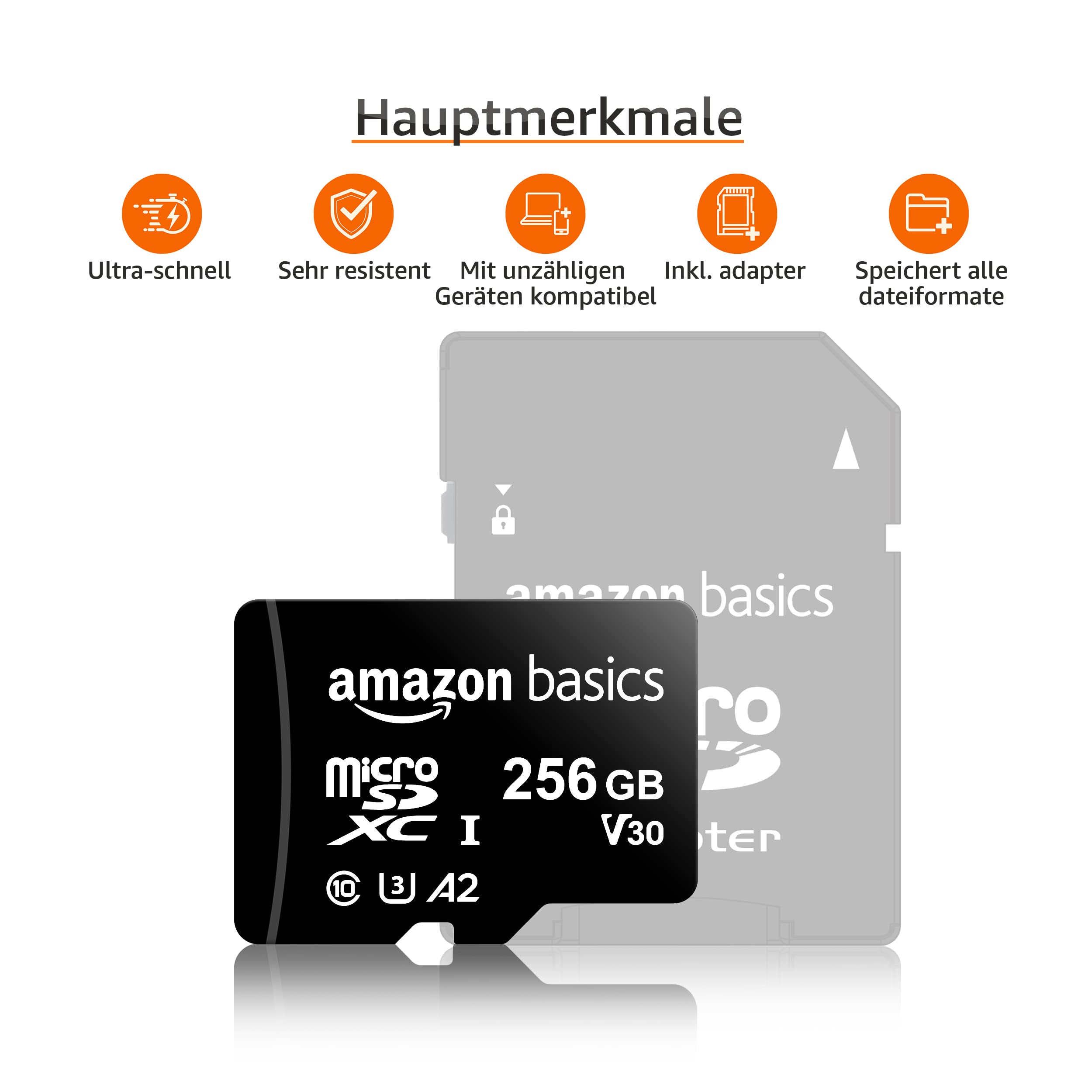 Amazon Basics microSDXC-Speicherkarte 256 GB A2 U3 mit Adapter, Lesegeschwindigkeit bis 100 MB/s, Schwarz