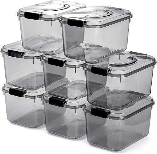 Elsjoy Juego de 8 contenedores de almacenamiento de plástico con tapa y asa, contenedor de almacenamiento transparente de 5.5 cuartos de galón, caja