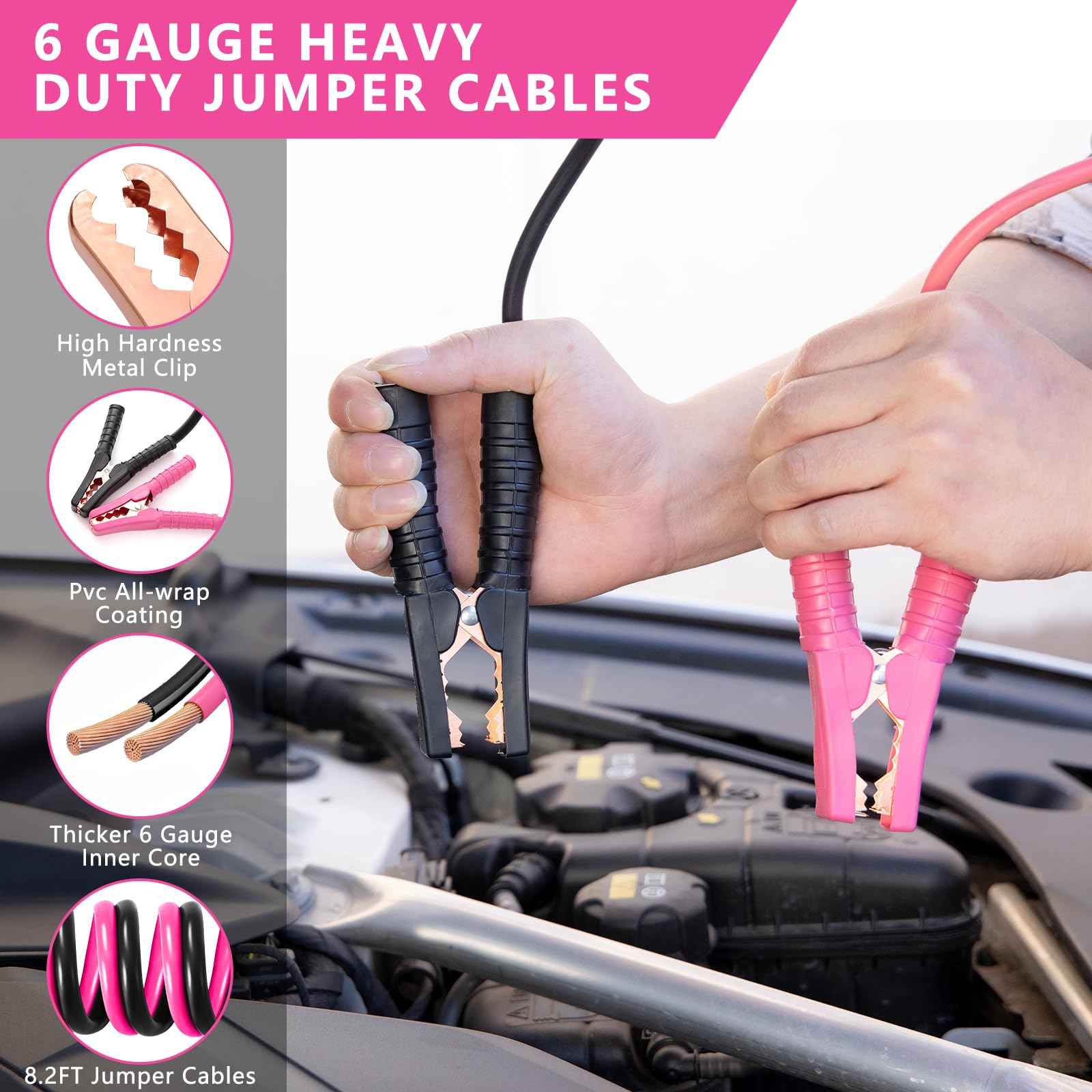 Car Emergency Kit with Portable Air Compressor - Roadside Assistance Emergency Kit, Winter Trave Assistance, Safety Emergency Kit for Cars, Trucks (Pink)