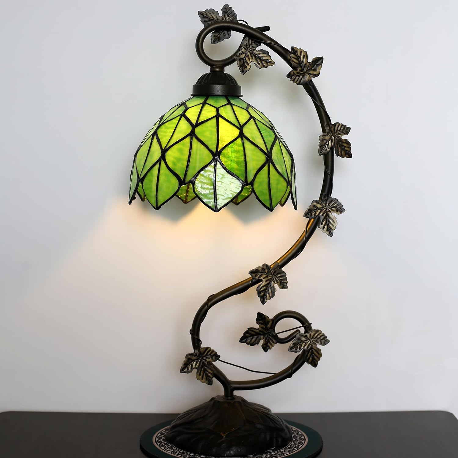 Tiffany Table Lamp Stained Glass Small Lamp 8 x 10 x 21 Inches Metal Leaf Base Bedroom Living Room Study Desk Reading Light (Green Maple Leaf Style)