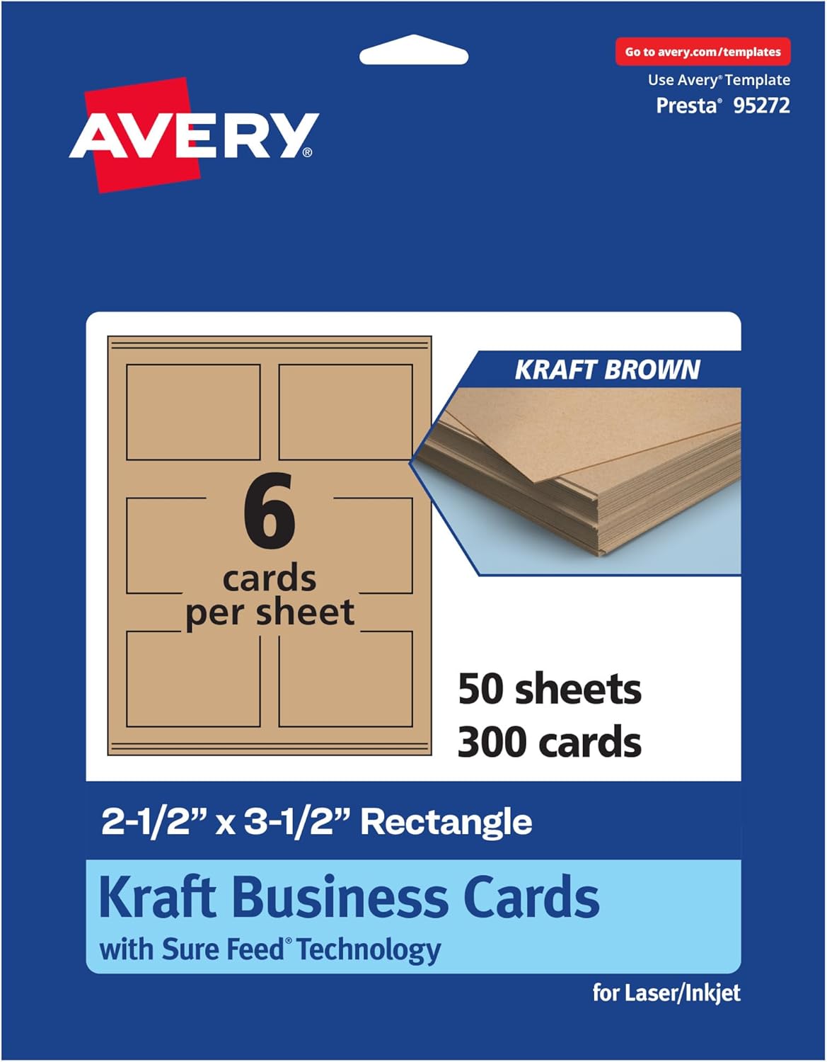 Avery Printable Rectangle Business Cards, Sure Feed Technology, 2.5" x 3.5", Kraft Brown Cardstock, Print-to-the-Edge, Laser/Inkjet Cards, 300 Total