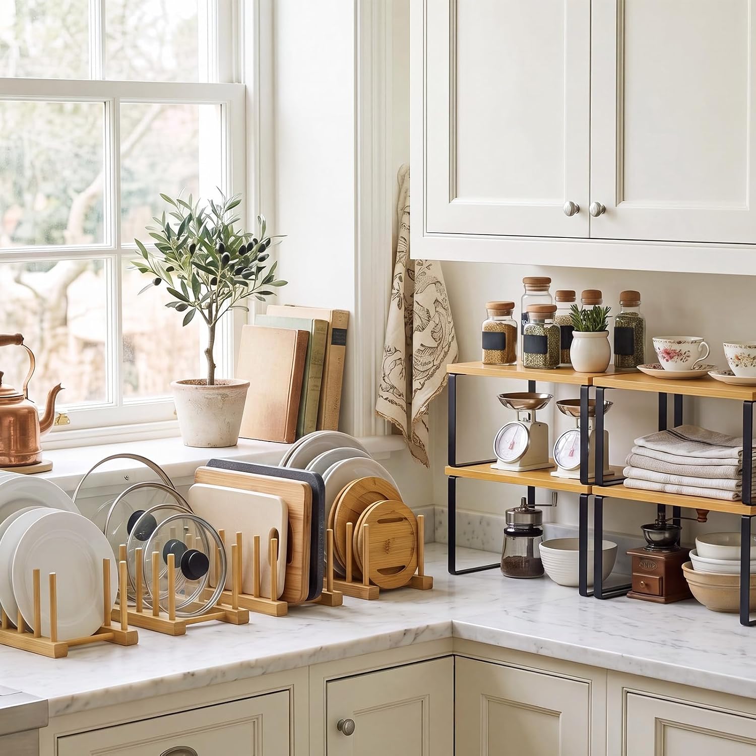 8 Pcs Kitchen Organizer Accessories Set, Plate Holder Dish Rack, Natural
