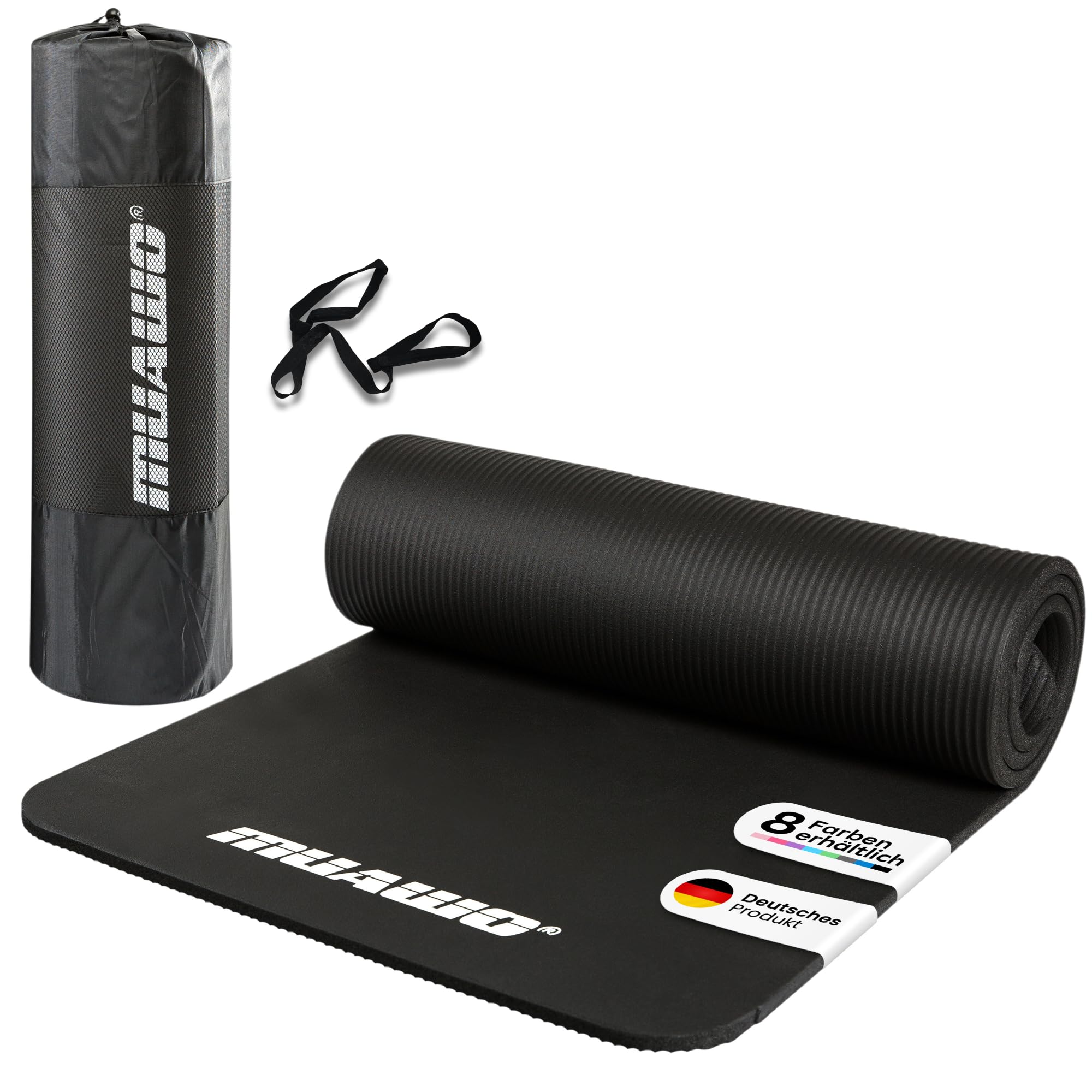 Muawo Premium Gymnastikmatte inkl. Tasche + Tragegurt | Phthalatfreie Trainingsmatte | Yogamatte - rutschfest, extra dick & lang | 190 cm x 100 cm x 1,5 cm | Fitnessmatte Schwarz