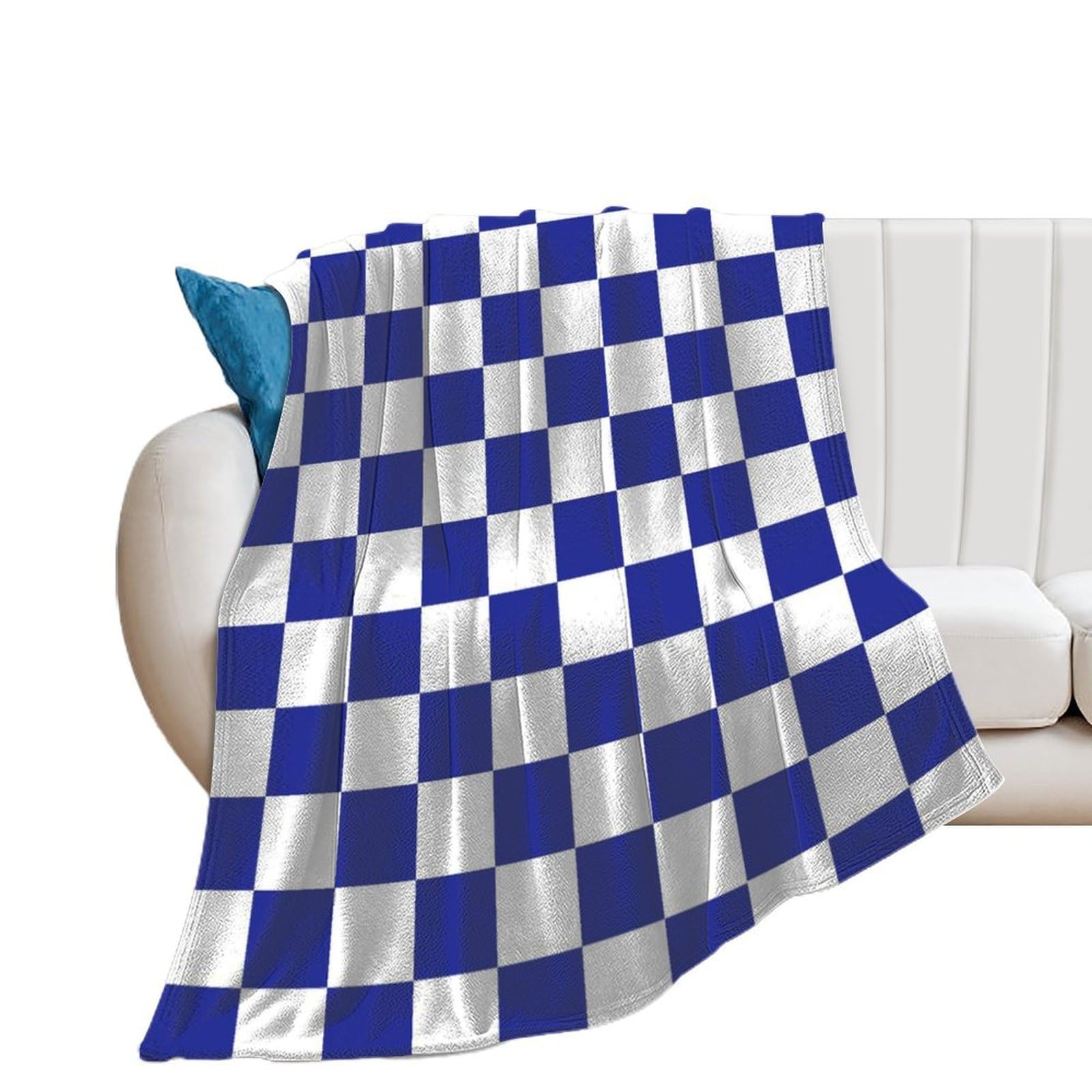 Couverture plaid bleu et blanc à carreaux 152x203 cm lavable pour lit et canapé