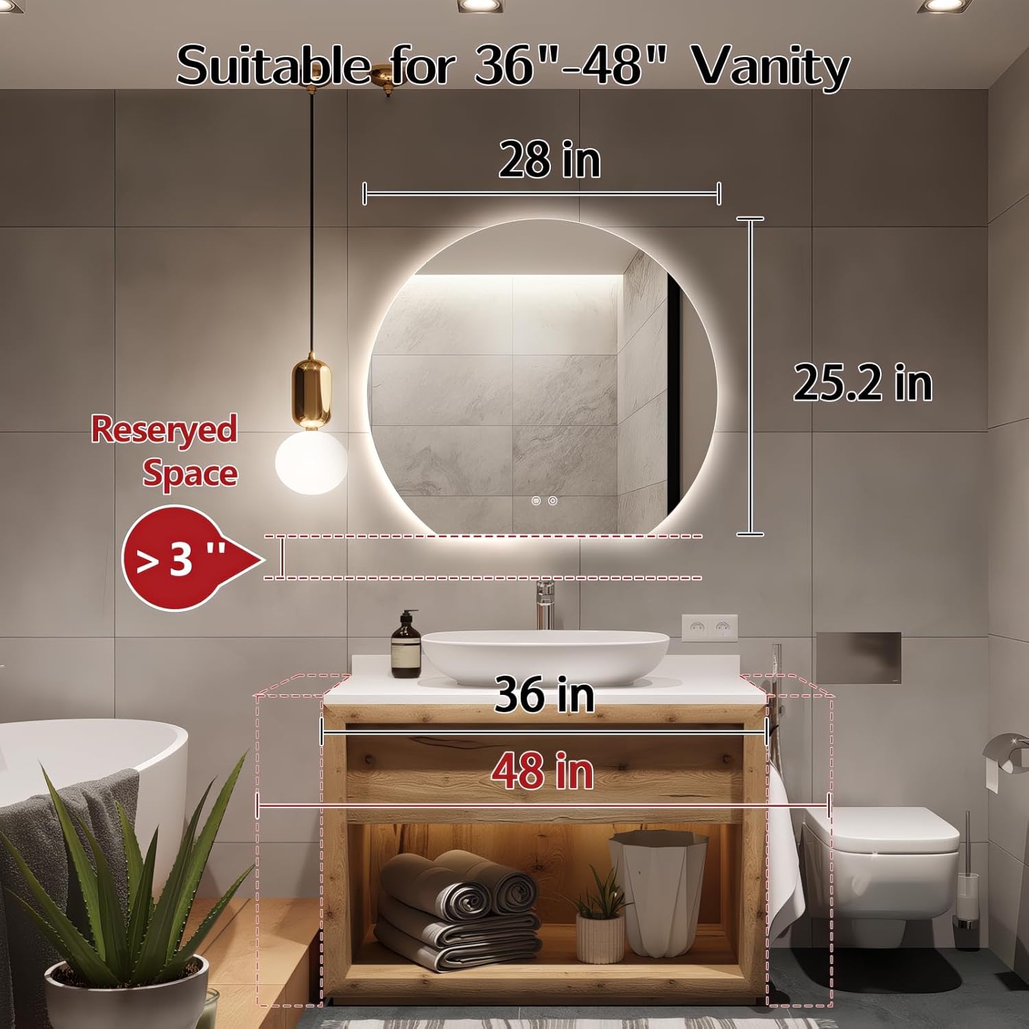 niccy half moon round led bathroom mirror for wall, 28" irregular led mirror with anti-fog, 3-color adjustal, dimmable, semi circle frameless makeup mirror for bathroom, explosion-proof 25.2"l x 28"w