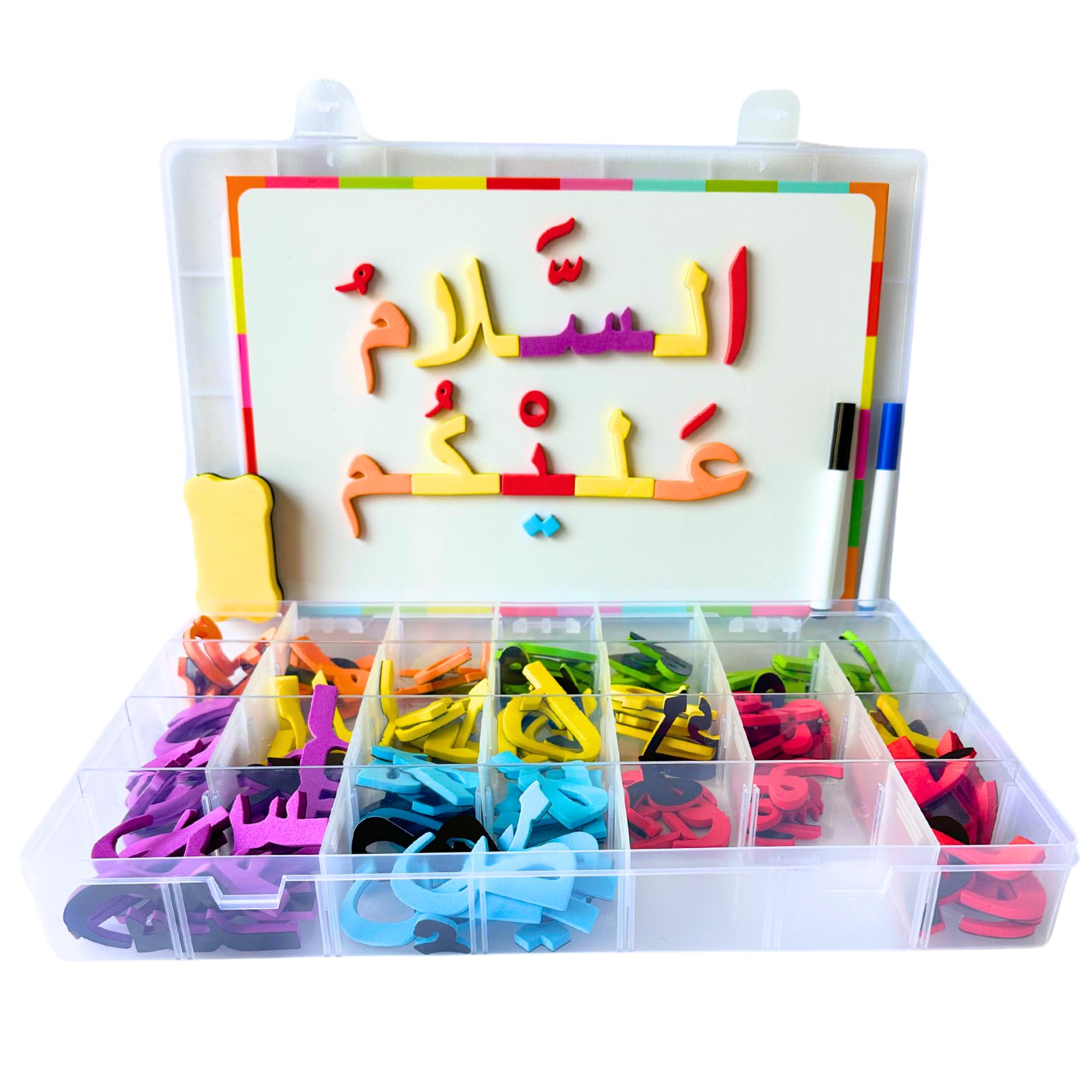 Colorful Arabic Magnetic Letters with Magnetic Board & Storage Box - 2-in-1 Educational Toy Set for Preschoolers (Includes 2 Markers, 1 Eraser, & 20 Flash Cards)