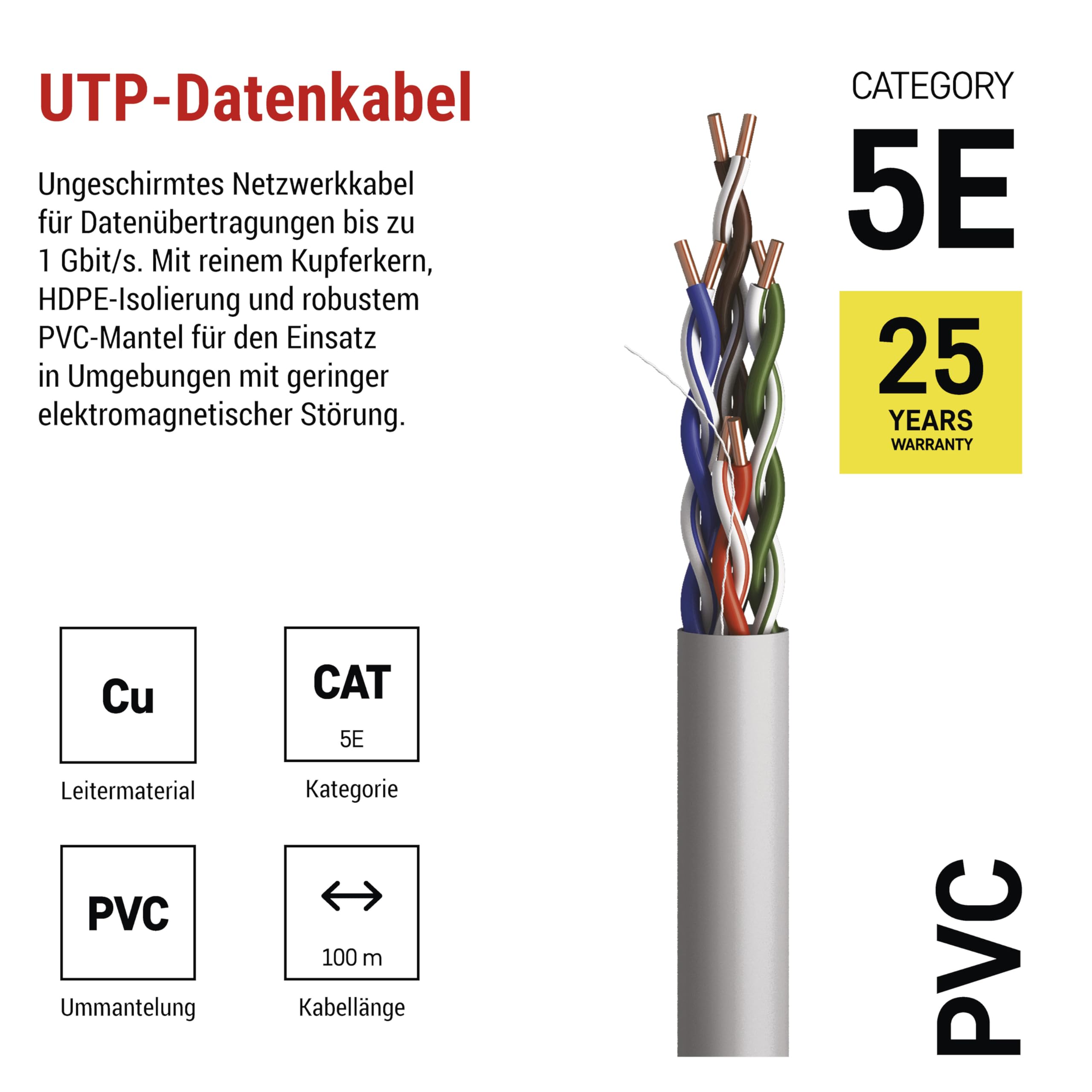 EMOS - Cavo di rete UTP CAT 5e, 100 m, PVC - Cavo patch UTP CAT5e - Filo Cu- Cavo LAN Gigabit - Cavo Ethernet non schermato - per interni