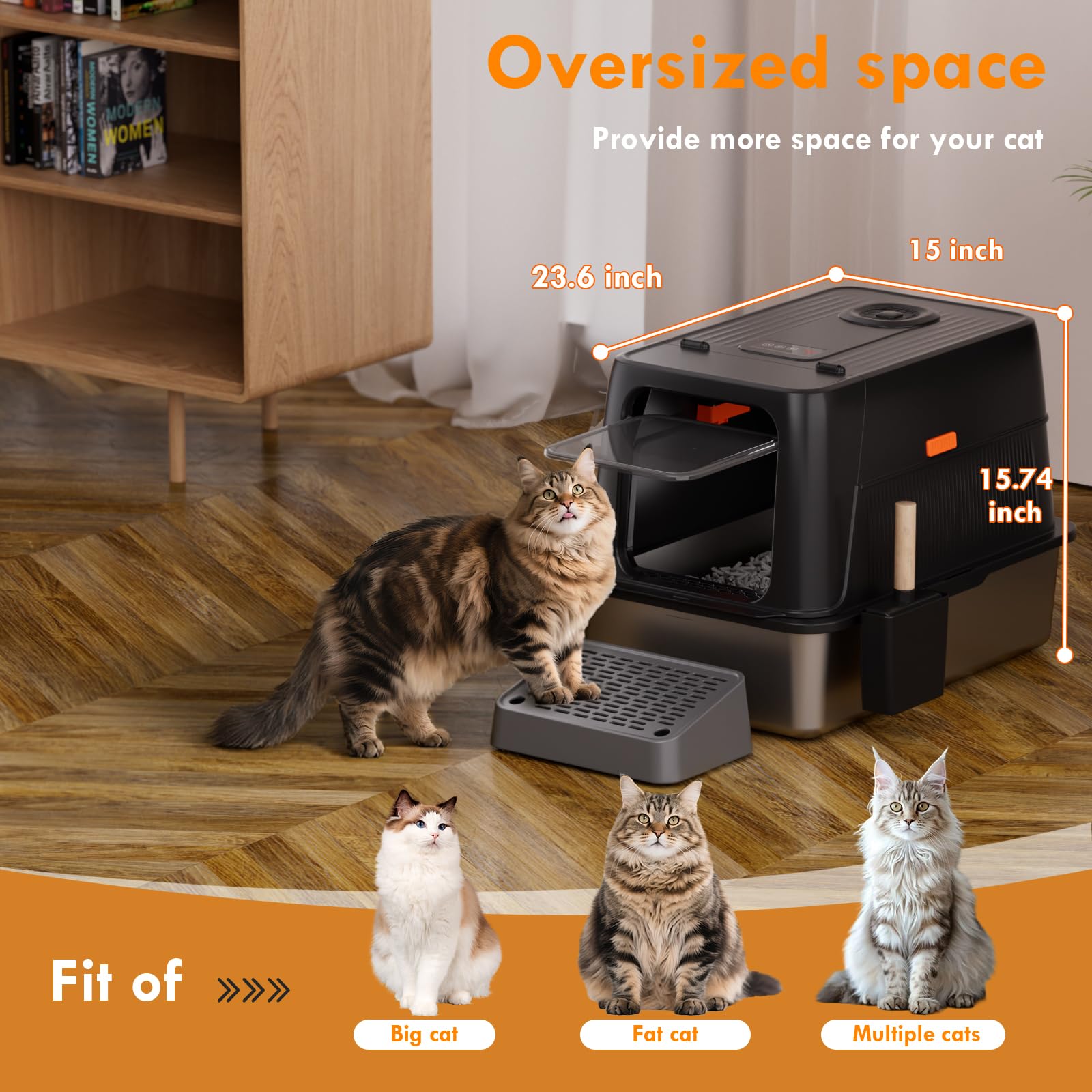 Smart Odor Control Cat Litter Box with Lid, Stainless Steel Cat Litter Box with Infrared Sensor, Large Litter Boxs for Cats, 3 in 1 Design and 135&deg; Flip-Top, Litter Scoop & Foot Pedal - image 4