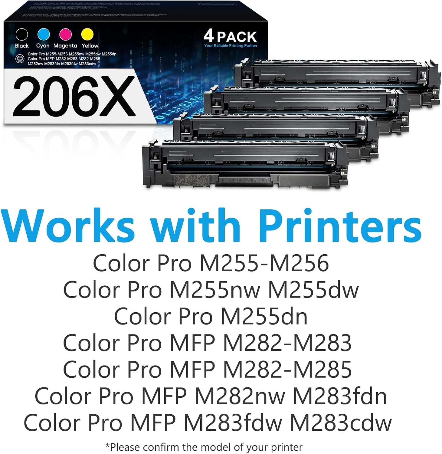 206X Toner Cartridges 4 Pack Black Cyan Yellow Magenta | MFP M283fdw Compatible for HP 206X 206A with Chip for Color MFP M283cdw M283 Pro M255dw M255 Printer | 206X W2110X High Yield Ink