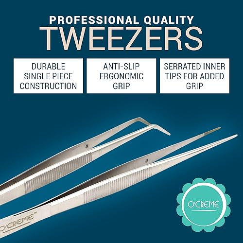 Miniatura 4 de O'Creme - Pinzas para cocina (acero inoxidable, punta fina, 6 12 pulgadas rectas y 6 38 pulgadas curvadas, más tijeras de chef súper afiladas, 3