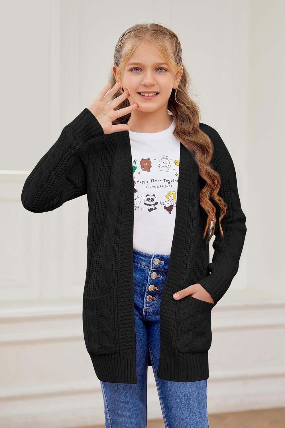 Batermoon Girls' Cardigan Sweaters Kids Cable Knit Casual Oversized Open Front Knitted Outerwear with Pocket - Image 4