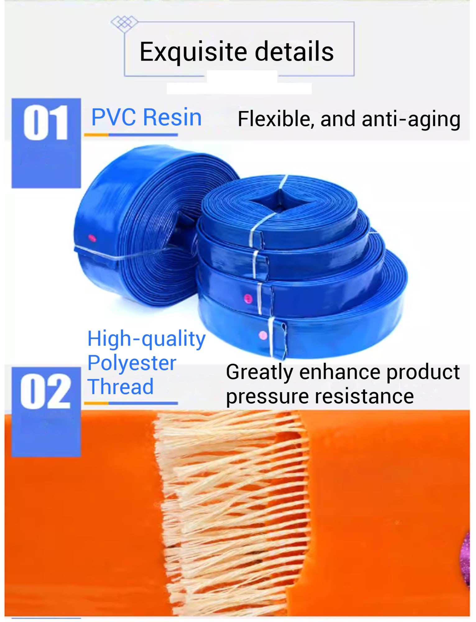 Manguera de retrolavado de PVC resistente, descarga plana, resistente a la intemperie y a las explosiones para transferencia de agua y drenaje con conector y abrazadera (20 m, 2.5 pulgadas)