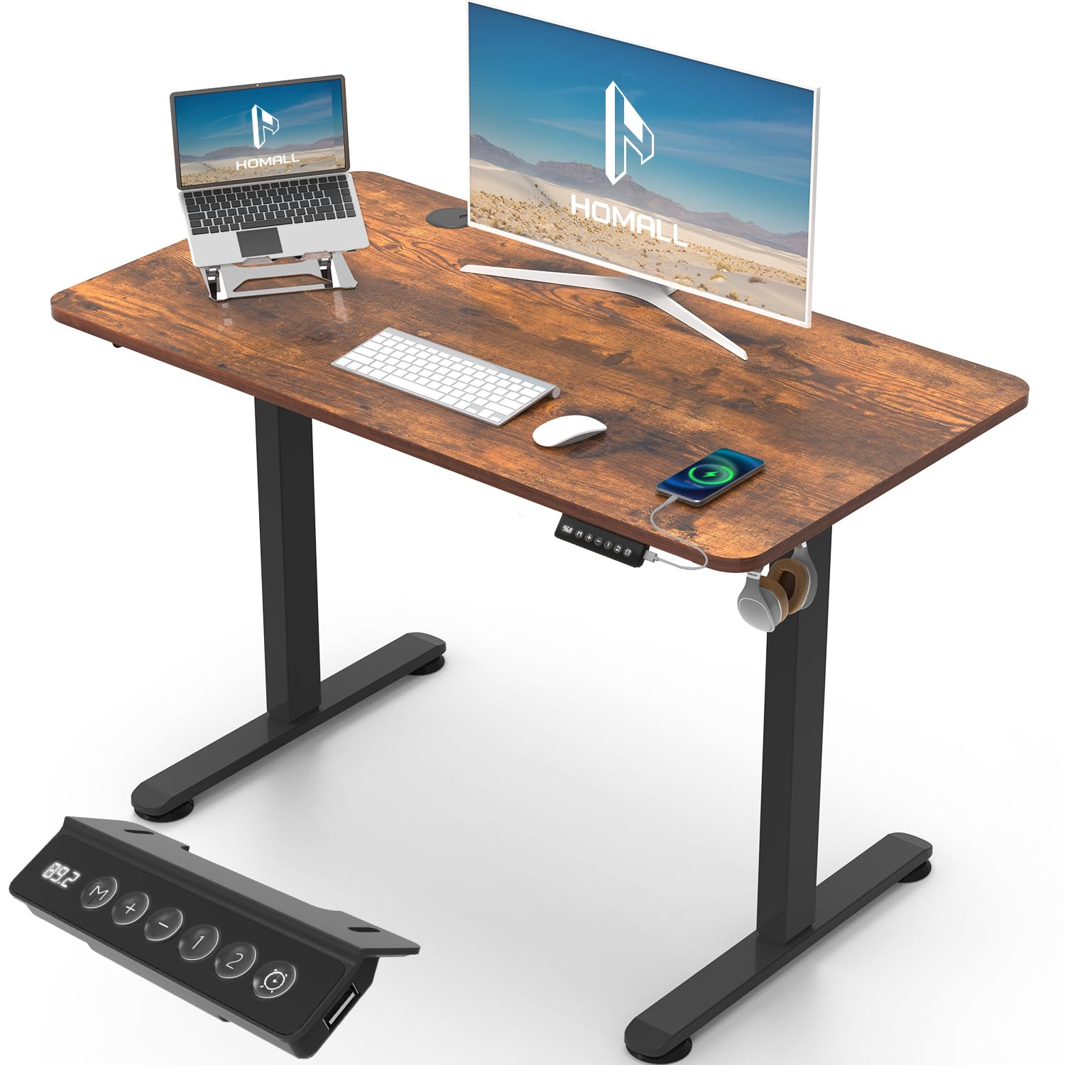 Homall Electric Height Adjustable Desk, Adjustable Height Office Desk with USB Ports, 100x60cm, Home Office with Splice Board, Rustic Brown — image 1