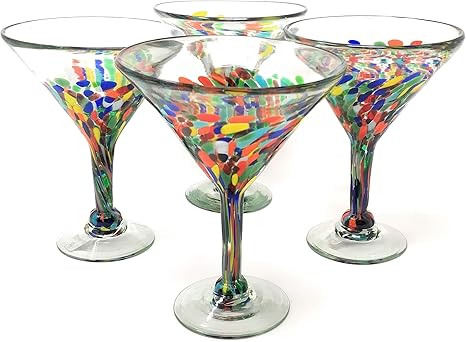 Dos Sueños Mexican Hand Blown Glass Set of 4 Hand Blown Modern Margarita Glasses - Confetti Carmen (12 oz)