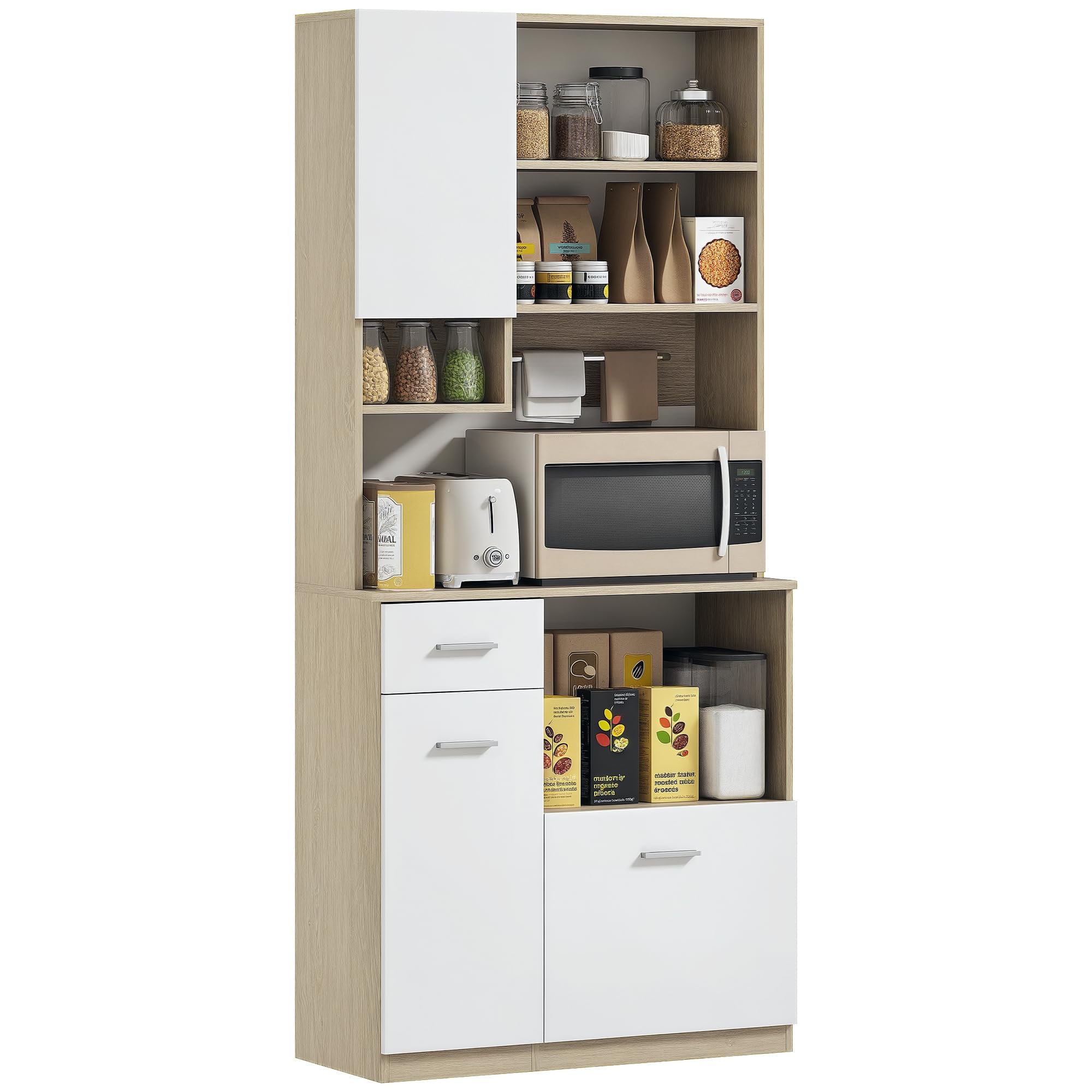 HOMCOM Credenza Cucina Alta con Cassetto, 3 Armadietti e 4 Scomparti Aperti, Mobile Dispensa con Ripiano Regolabile in Truciolato, per Soggiorno e Cucina, 80x35x180 cm, Bianco e Rovere