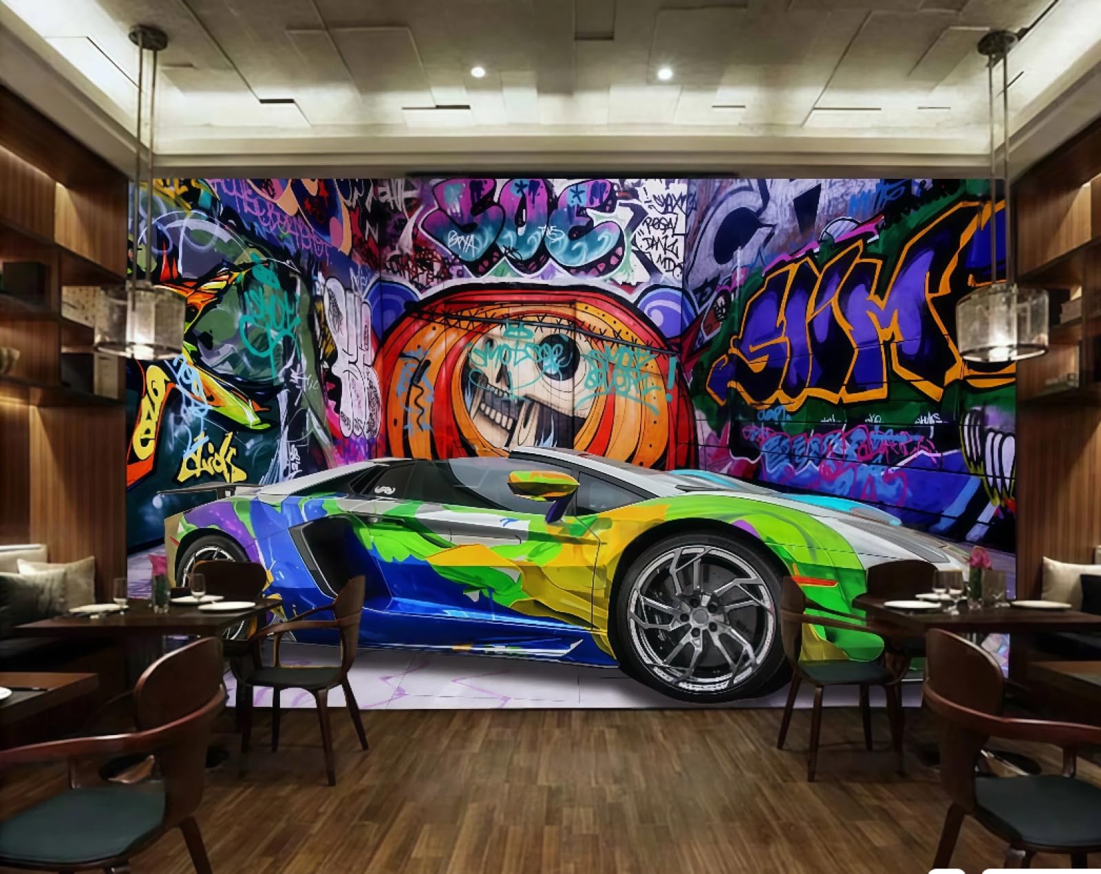 Xdoubao 3D Wallpaper Retro Fashion Personality Street Graffiti Car Repair Theme Bar Coffee Shop Background Mural Western Restaurant Wallpaper,,300X210cm