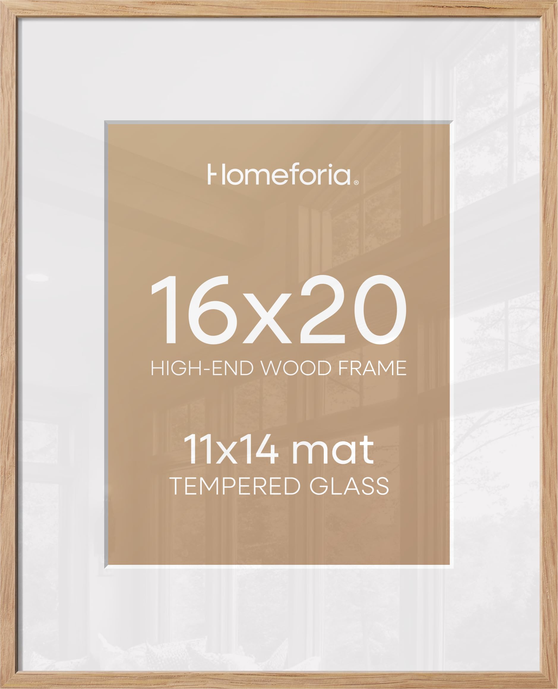 Homeforia 16x20 Wooden Frame, High End Natural Oak 16x20 Light Wood Picture Frame with Mat 11x14, 16 by 20 Poster Frames Matted to 11 x 14 Photo, 20by16 Thin Frames, Tempered Glass, Wall Kit, Set of 1