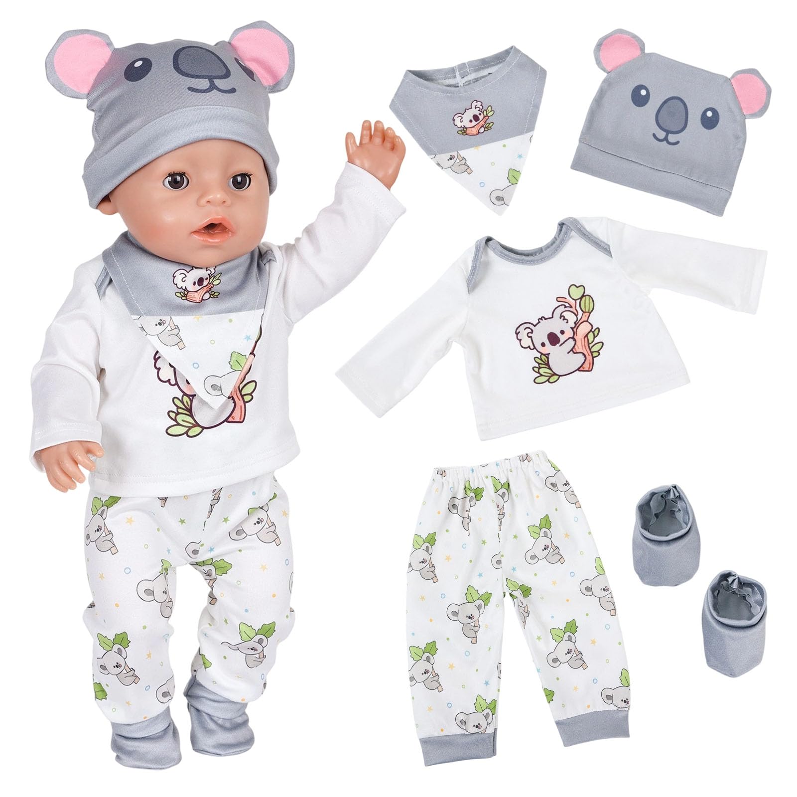 Puppenkleidung für 35-43cm Babypuppen, 5 Stück Puppenkleidung Outfit mit Koalamütze, Oberteil, Hose, Lätzchen und Socken, Grau Puppenkleidung für 14-17inch Puppen, Koala Puppenkleidungsset für Kinder