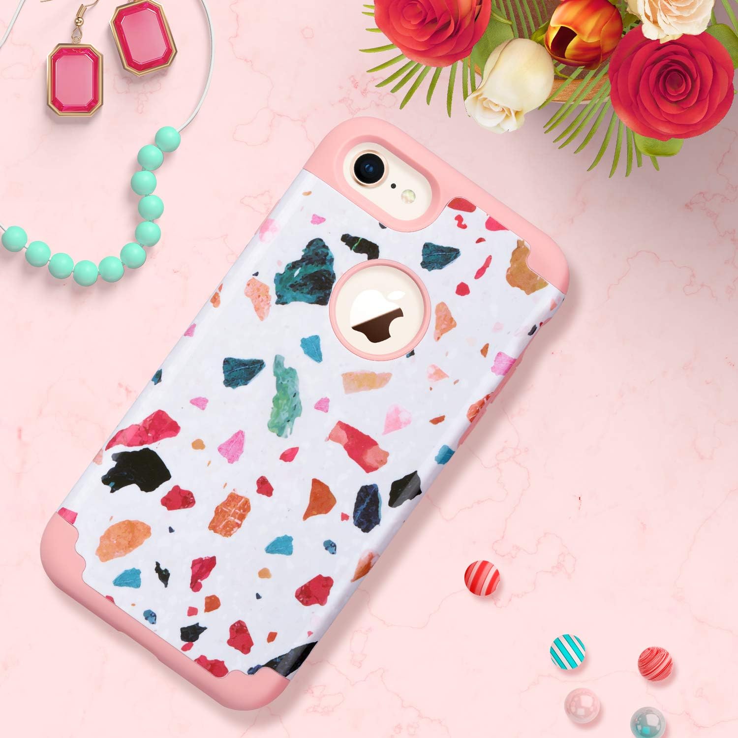 ULAK iPhone 7 & 8 Case, Slim Fit [ Dual Layer Series ] Soft Silicone & Hard Back Cover Bumper Protective Shock-Absorption & Skid-Proof Anti-Scratch Cover,(Colorful Stone)