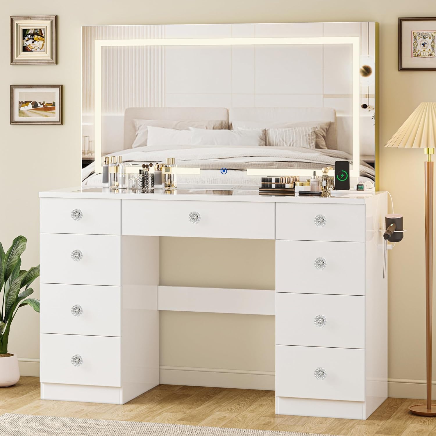 Vanity with Lighted Mirror, Makeup Vanity Desk with Glass Top & 9 Drawers, 46" Makeup Desk with Power Outlet for Bedroom, White