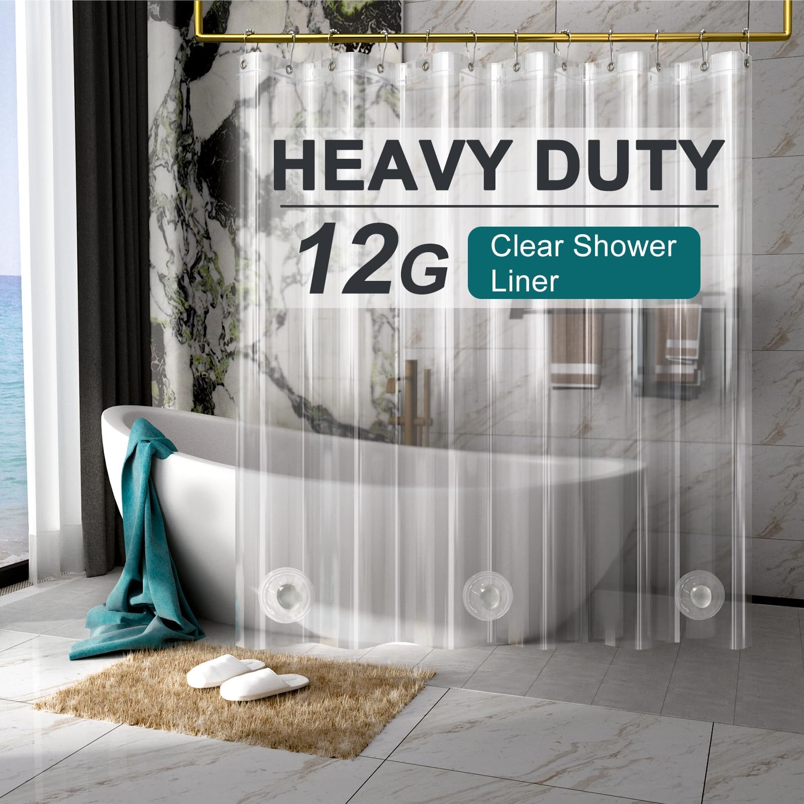 Heavy Duty Shower Curtain Liner 12 Gauge, 72 x 65 Inches Clear Shower Curtain Liner with 3 Clear Stones and 12 Grommet Holes, Weighted Plastic Shower Liner