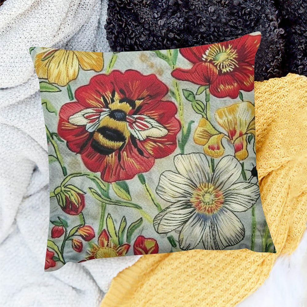KANXLAN Decorative Throw Pillow Cover - Flowers Bees Annabel Kidston Theme - Ideal for Home Sofa Couch 18x18in