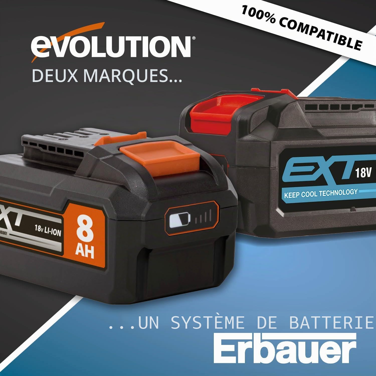 Evolution Power Tools, Bloc batterie lithium ion, Protection contre les surtensions et les sous-tensions, Témoin de charge de la batterie, Connecteur compatible Erbauer EXT, Grandes, 5 Ah, 18 V