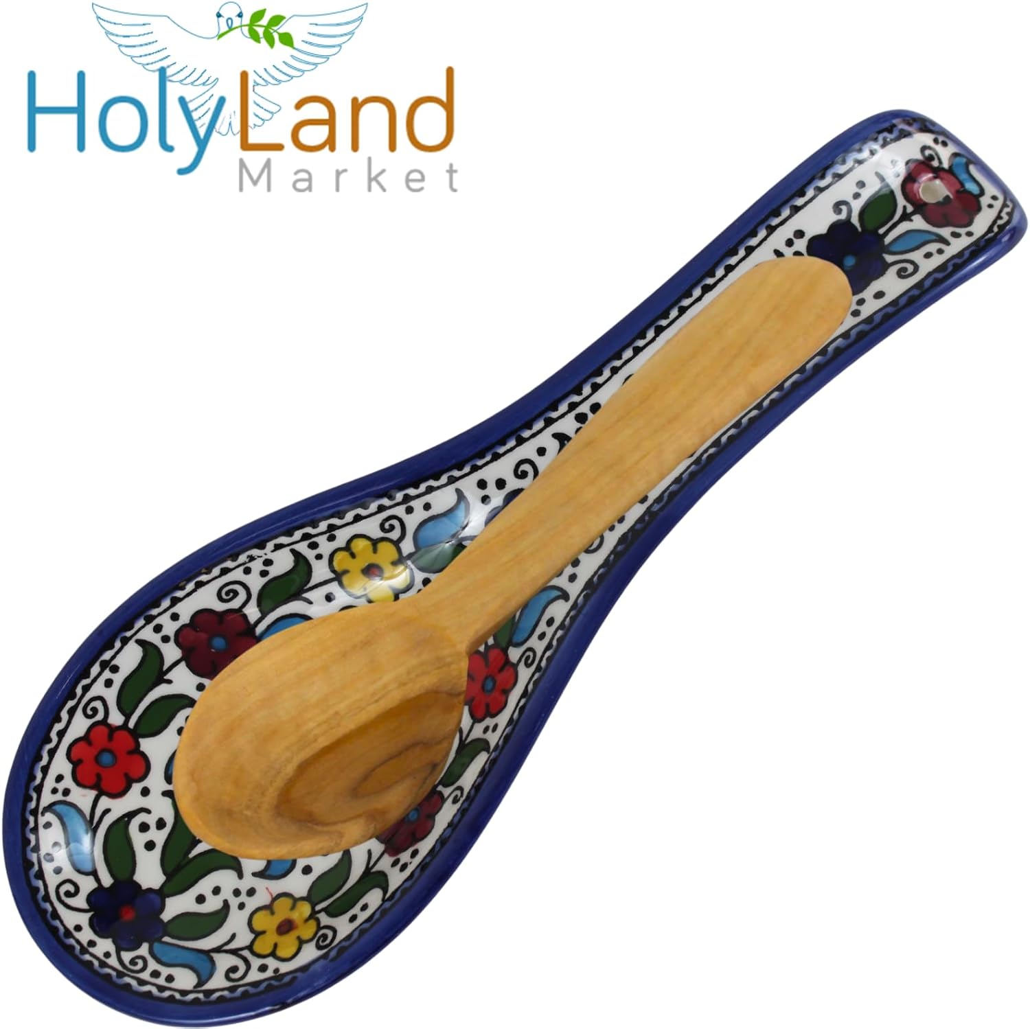 Armenian hand painted cooking Spoon Rest/Ladle Holder - Large with deep Round Cup part - Asfour Outlet Trademark