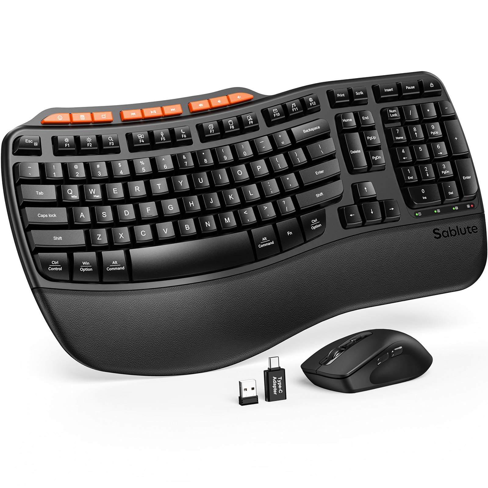 SABLUTE MA31 Ergonomic Wireless Keyboard and Mouse Combo, Full Size Wave Keyboard with Cushioned Palm Rest, 2.4G USB-A & C Receiver for Windows, Mac, Laptop, Computer