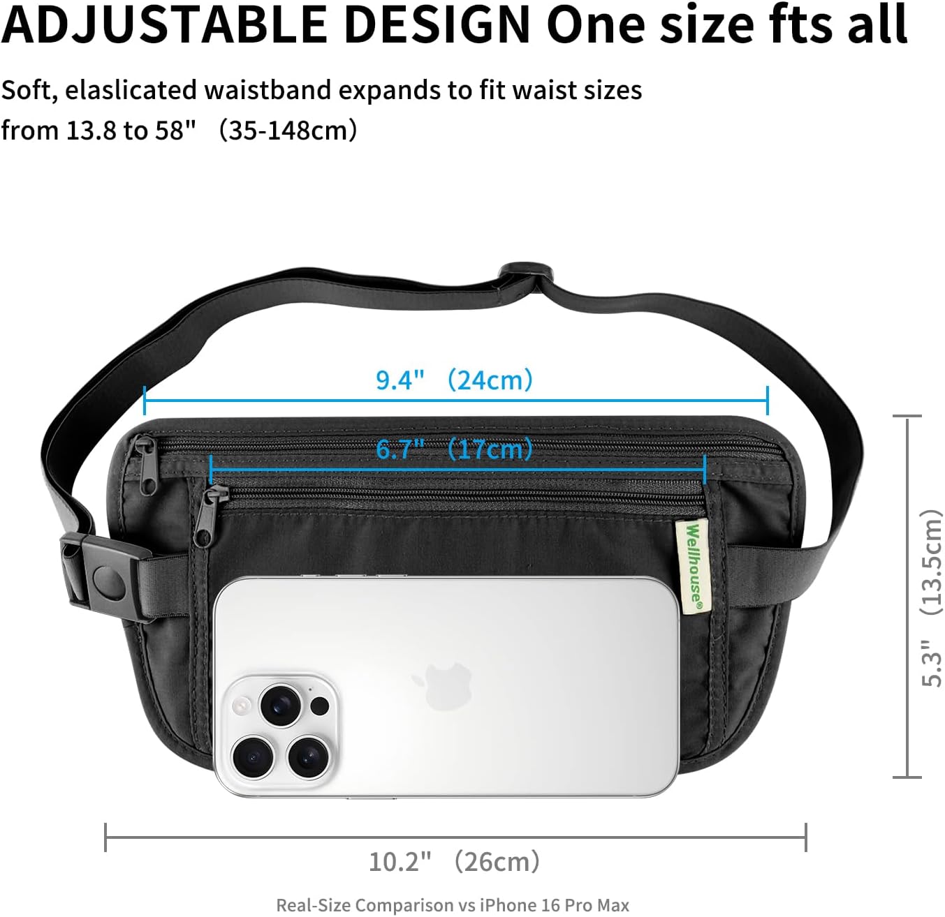Money Belt for Men & Women, Hidden Passport Holder for Travel, 2-Compartment Anti Theft Travel Fanny Pack with Upgraded Reinforced Zipper, Slim Waist Pouch for Trip, Flight, Vacation, Gift (Black-L) image 2