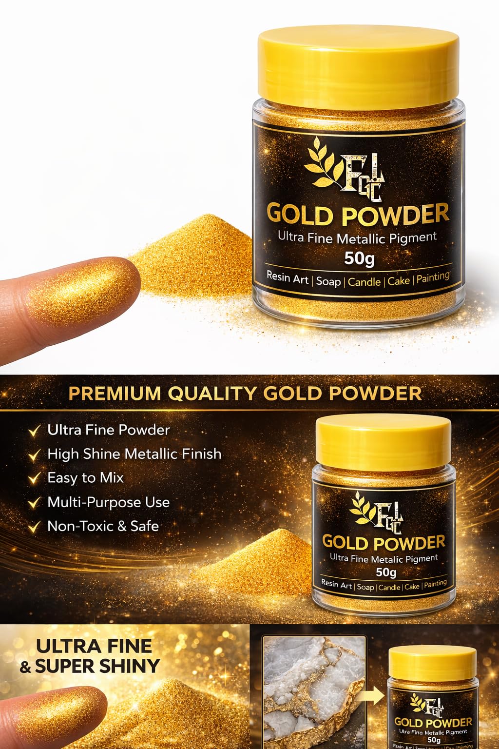 Mica Powder Mica Pigment 50g Powder for Epoxy Resin,Soap Making,Lip Gloss Pigment,Nail Art,Candle Making Slime Dye ((Gold Pack)) 1