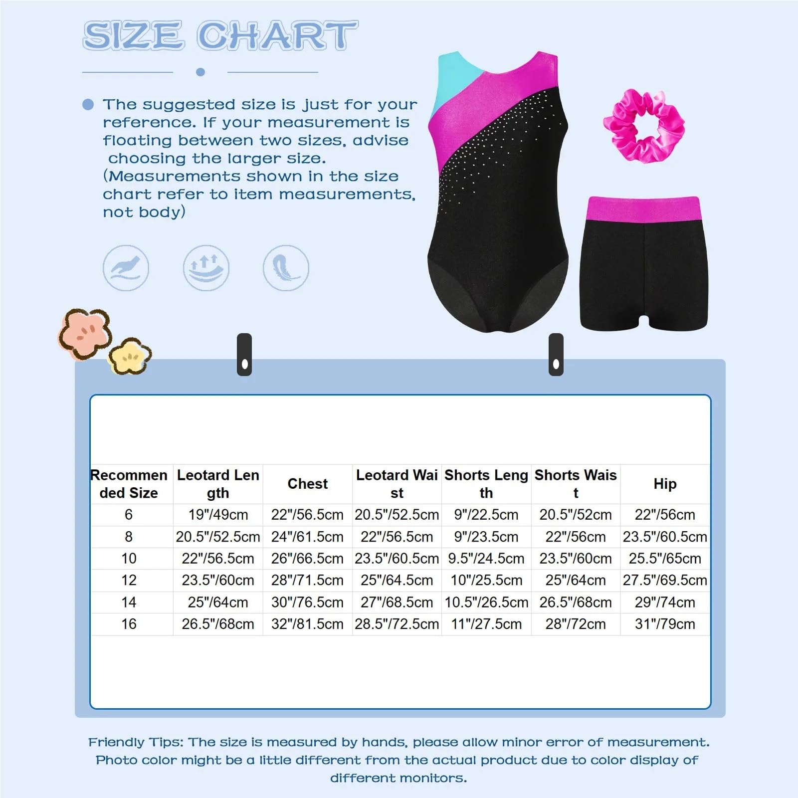 Gymnastikanzug Mädchen Ärmelloses Glitzer-Gymnastik-Trikot for Mädchen, Ballett-Tanz-Ganzanzug, Strass-Biketard, passende Shorts, Haargummis-Sets(Pink A,12)