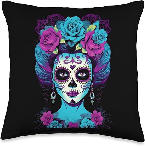 Mexico Holiday Dia De Los Muertos Marigold Flowers La Catrina Women Dia De Los Muertos Latina Sugar Skull Throw Pillow, 16x16, Multicolor