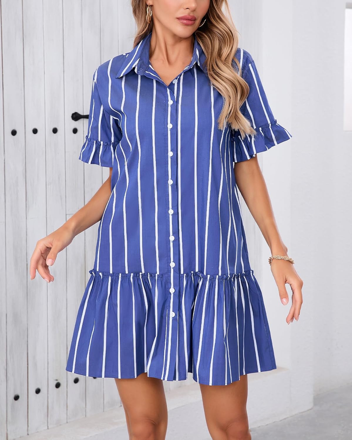 Women's Cotton Linen Ruffle Mini Dress Short Sleeve Button Down Drop Waist Tunic Shirt Dress - Image 5