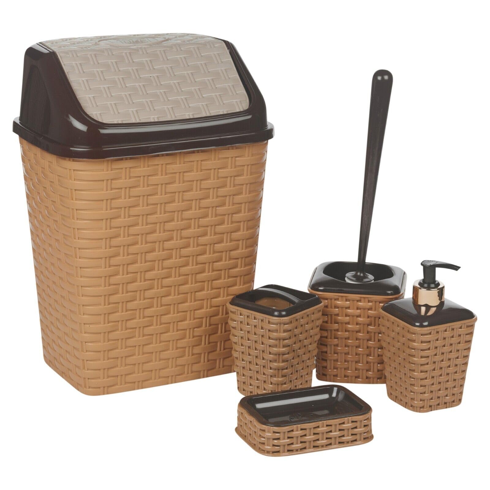 URBNLIVING 5 Pc Rattan Bathroom Bin Toilet Bowl Brush Toothbrush Soap Dispenser Holder Set (Cream)