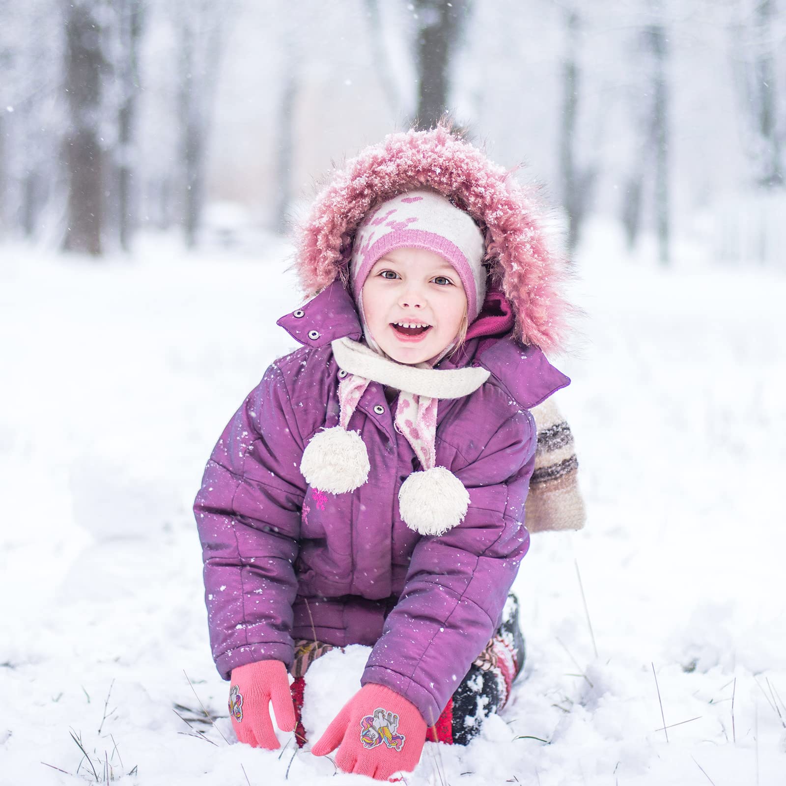QKURT 6 Pares de Guantes de Punto para Niños Guantes Cálidos de Invierno para Niños Pequeños Manoplas Mágicas de alto Estiramiento con Patrón de Unicornio Novedoso Adecuado para Niñas de 5 a 12 años