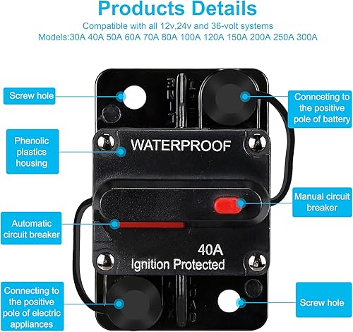 Miniatura 4 de Disyuntor impermeable de 40 amperios, portafusibles, disyuntor de audio, con reinicio manual, 12V-48V CC, 30A-300A, para sistema de audio de barco
