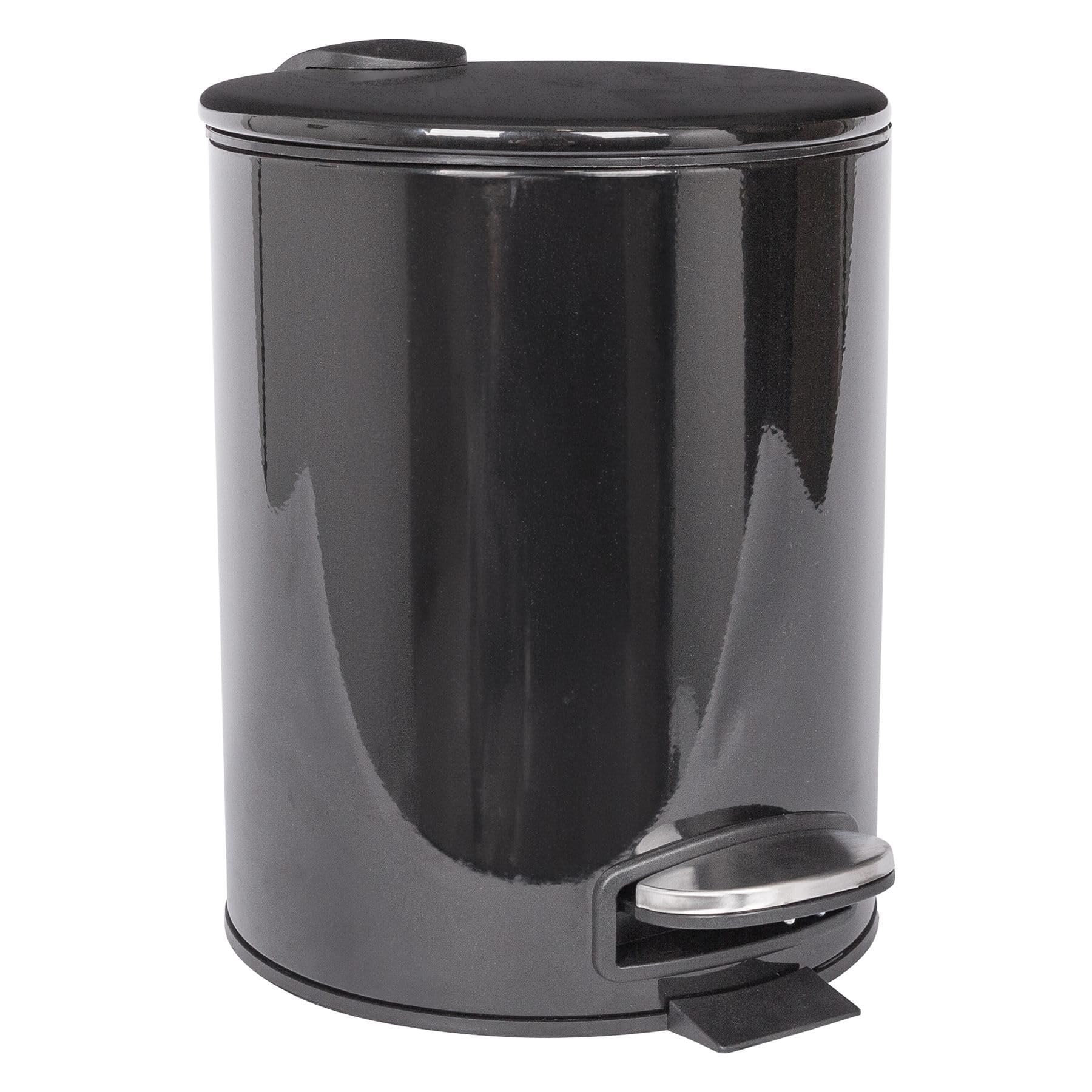 Harbour Housewares Black Bathroom Bin - Round Stainless Steel Pedal Bin Slim Kitchen Rubbish Trash Can Garbage Dustbin With Lid And Inner Liner Bucket 5L