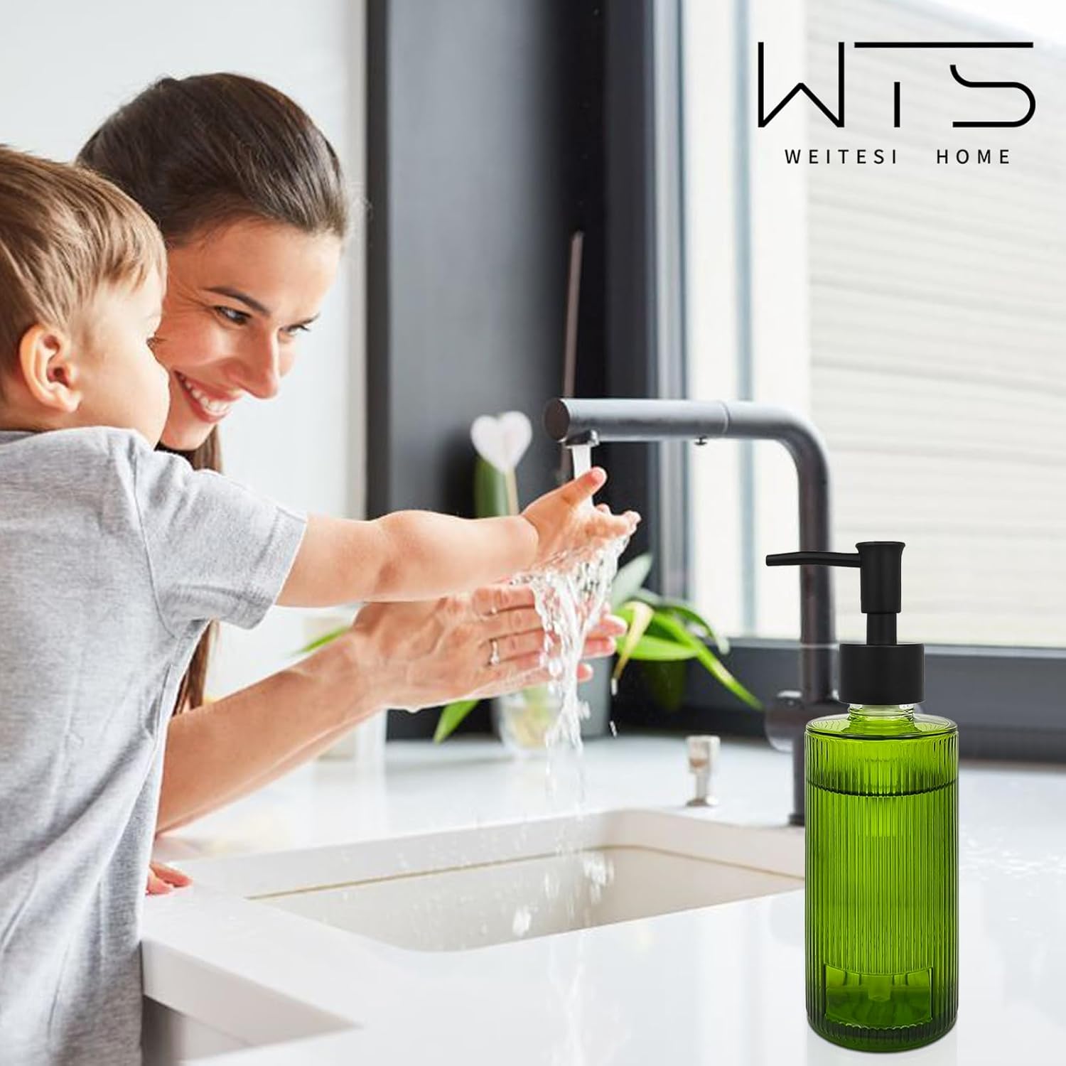 Green Glass Soap Dispenser with Black Rust Proof Pump, Refillable Kitchen Dish Soap Bathroom Soap Dispenser for Lotion, Body Wash, Shampoo - Image 4