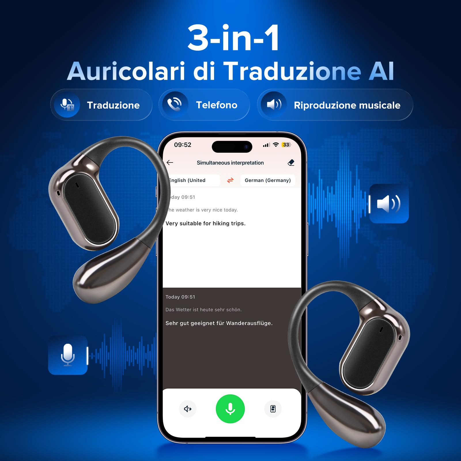 Cuffie Traduttore con Traduzione Simultanea in 145 Lingue – Auricolari Bluetooth 5.4 con Riduzione Rumore ENC, Traduttore Vocale Istantaneo Multilingue per Viaggi, Lavoro e Vita Quotidiana
