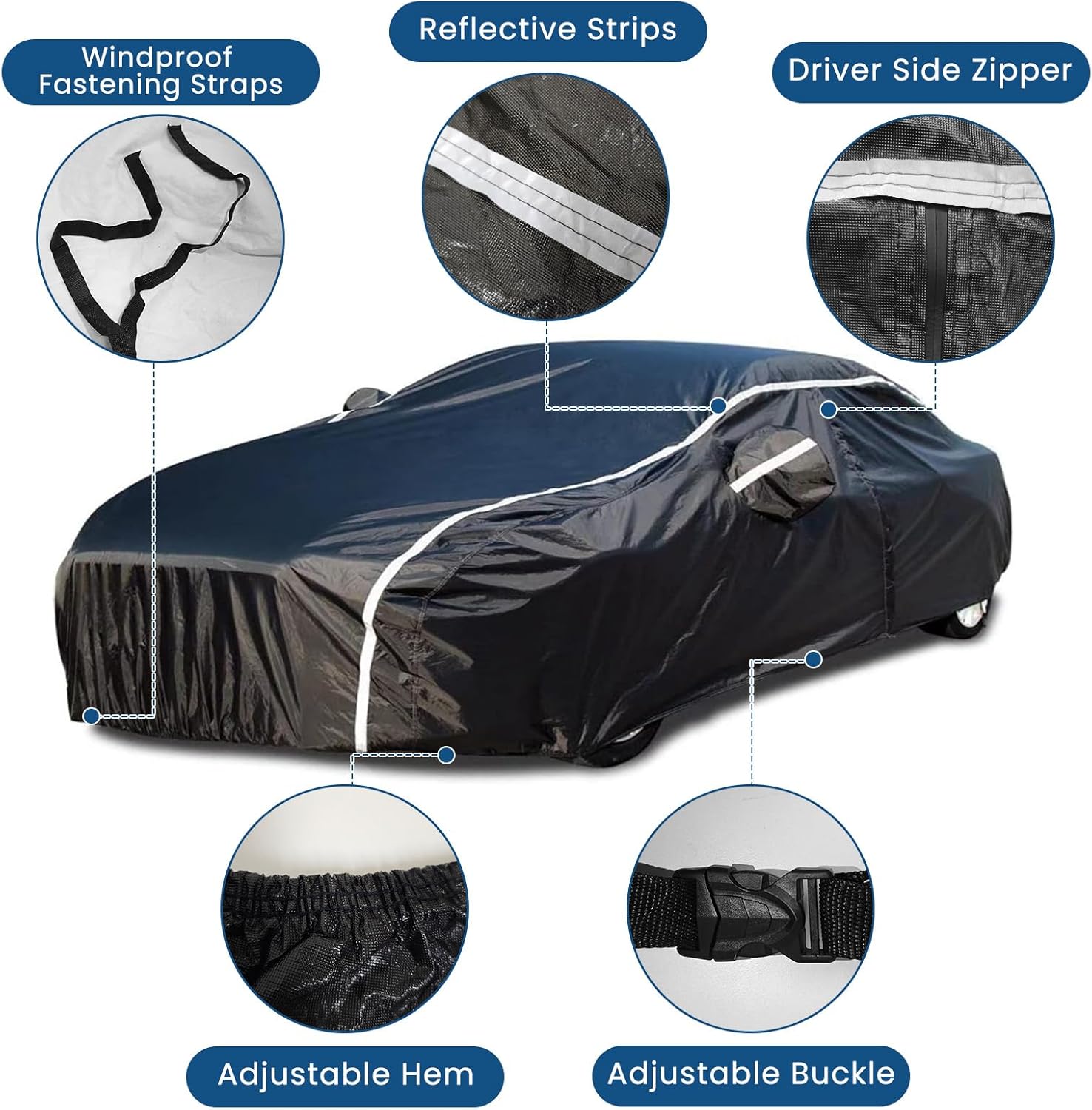 Waterproof Car Cover for Subaru WRX Impreza STI 2007-2022 with Reflective Strips, All Weather Custom Fit for STI Full Covers with Zipper Door, Windproof Bands Snow Rain Dust Hail Protection
